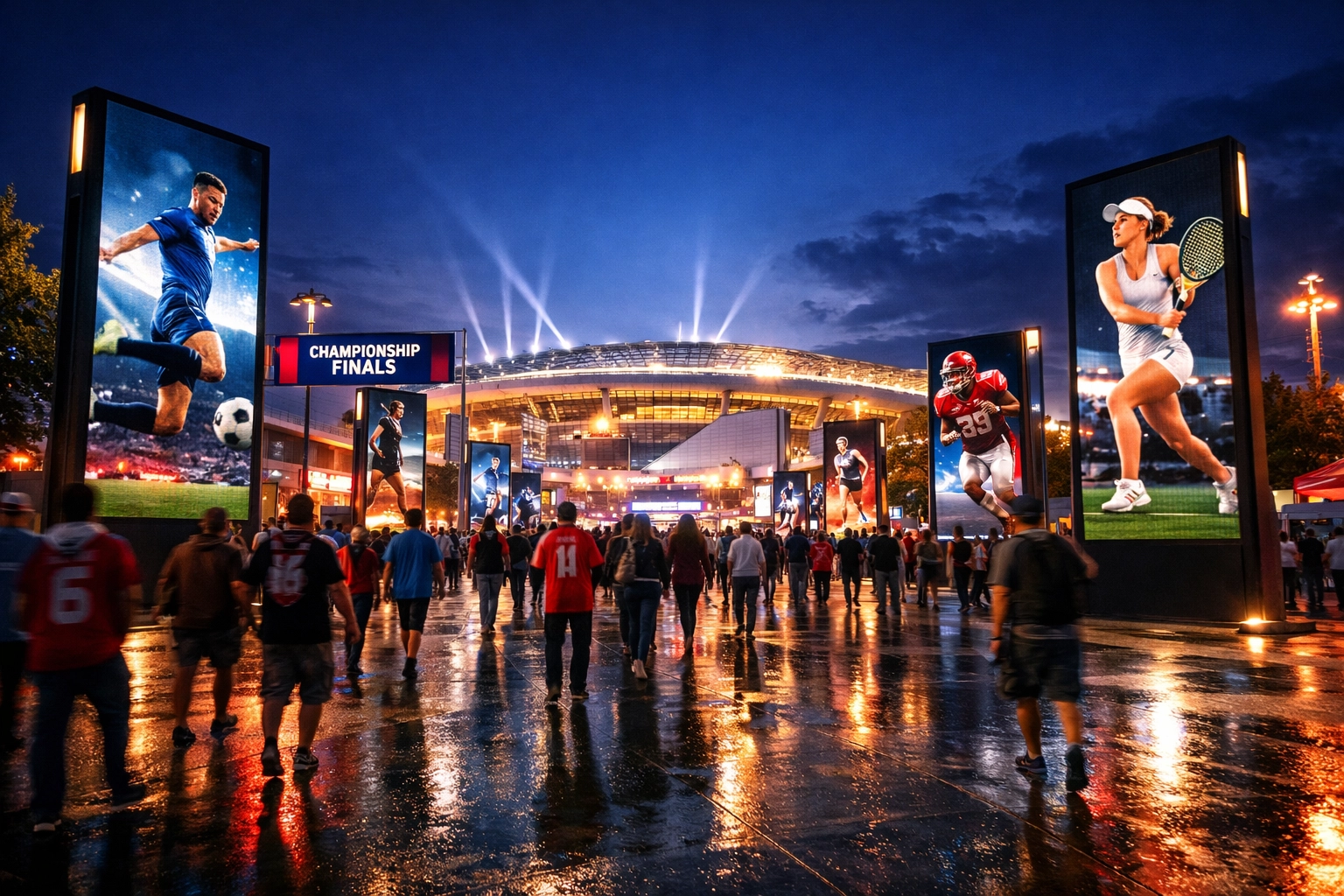 Digital OOH screens showing athlete content to fans at the Super Bowl stadium plaza.
