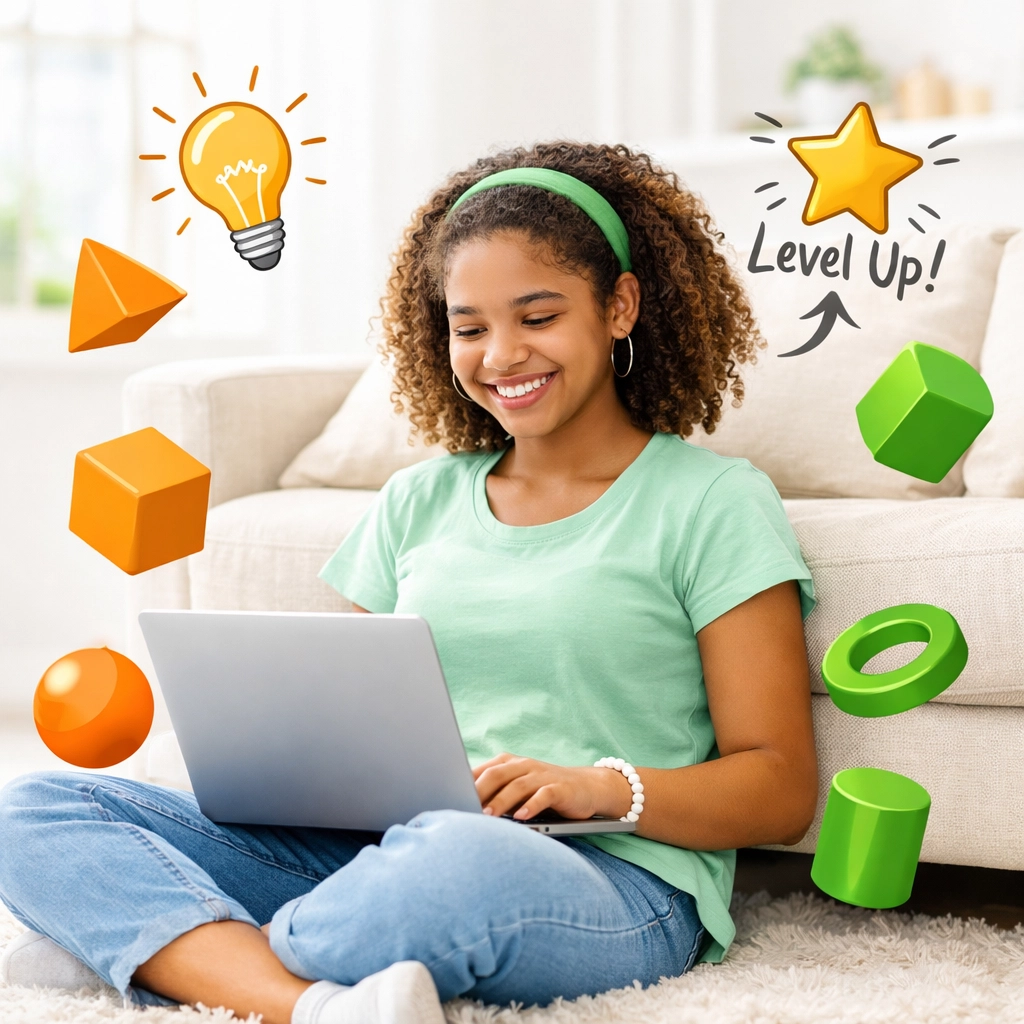 A smiling teenage girl studying online life skills modules on her laptop at home.