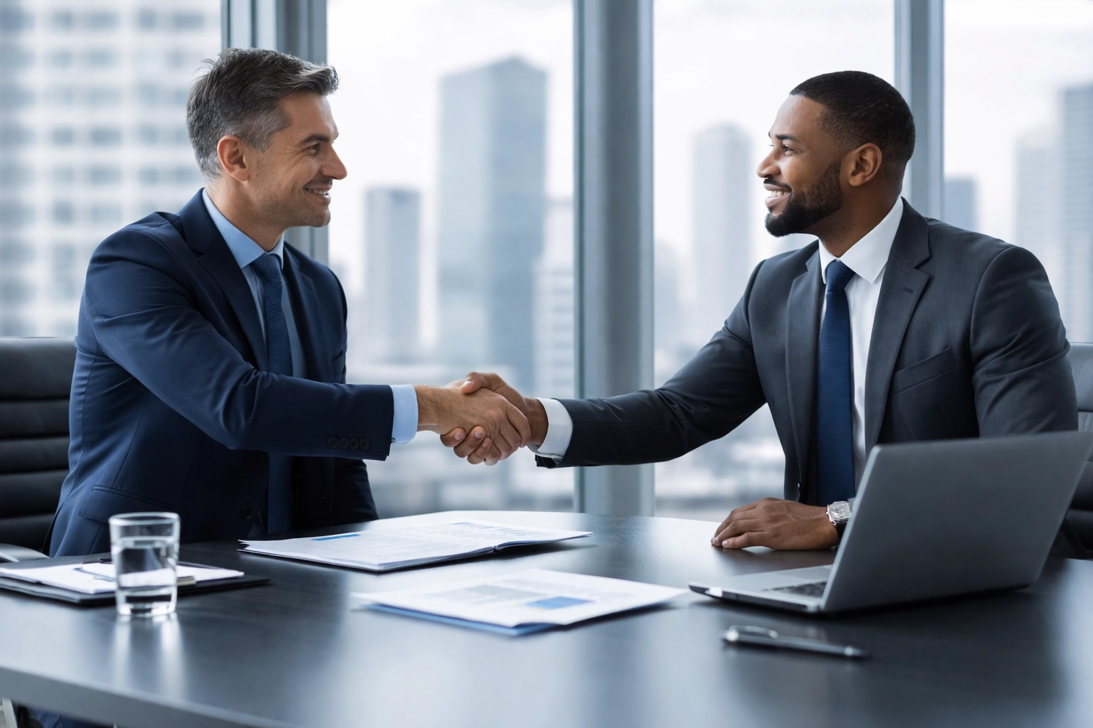 Handshake between partners in a modern office symbolizing approved debt collection payment processing