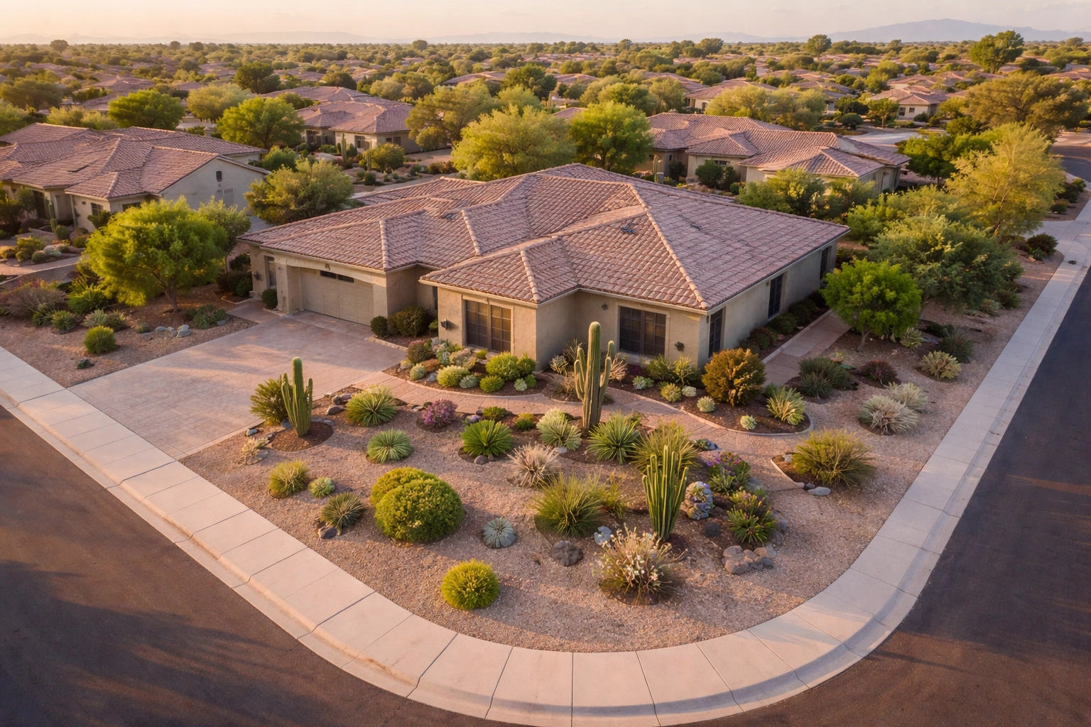 Aerial view of a corner lot home in Buckeye with spacious yard and desert landscaping, perfect for healthcare workers