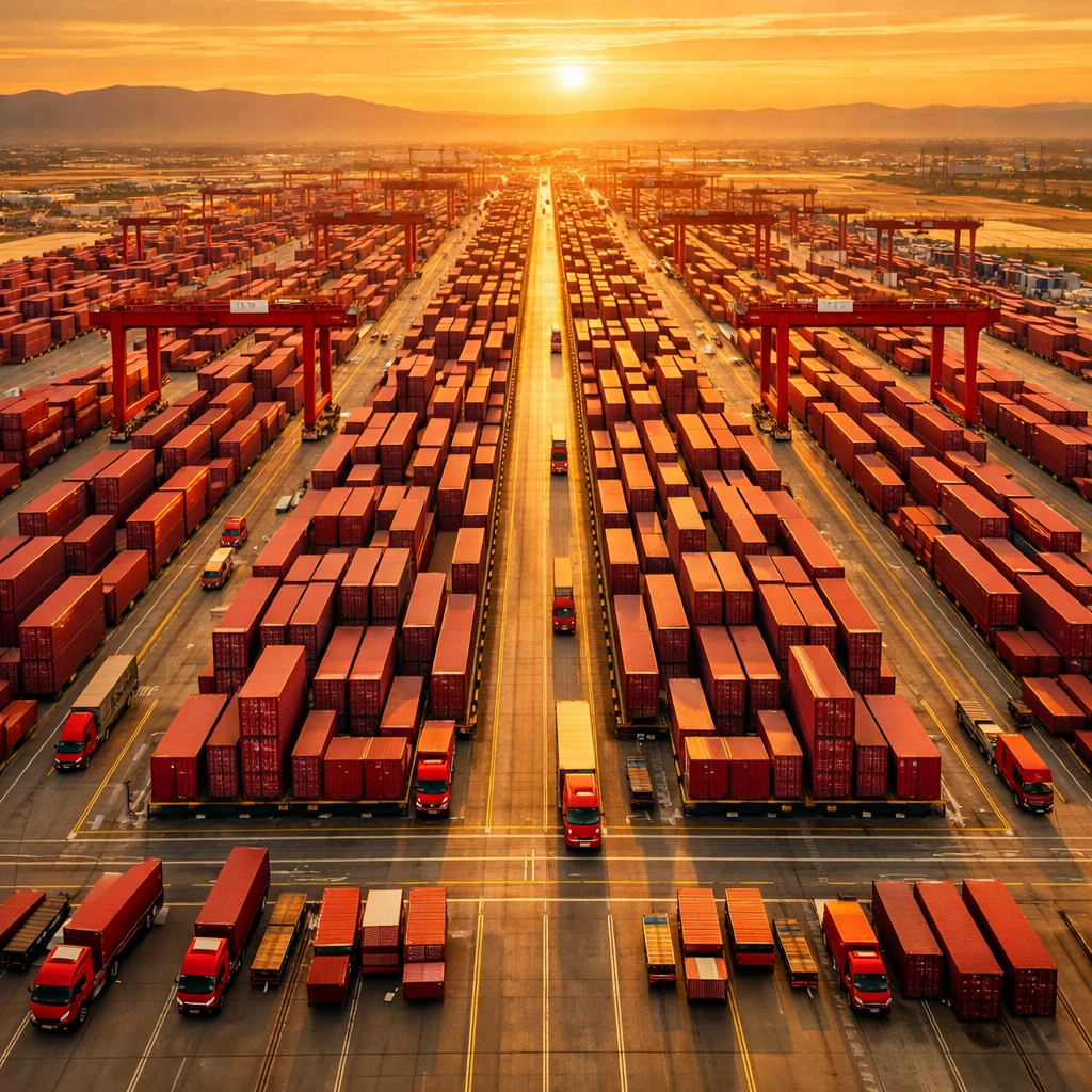 Aerial view of an organized logistics hub utilizing advanced warehouse management services for enterprise scale.