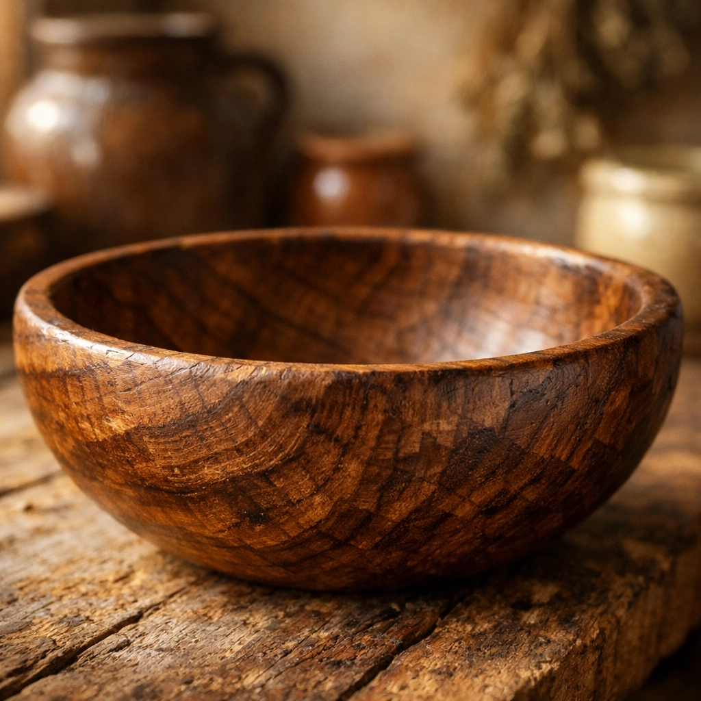 Hand-carved walnut wood bowl showing unique patina and artisan craftsmanship on a rustic table