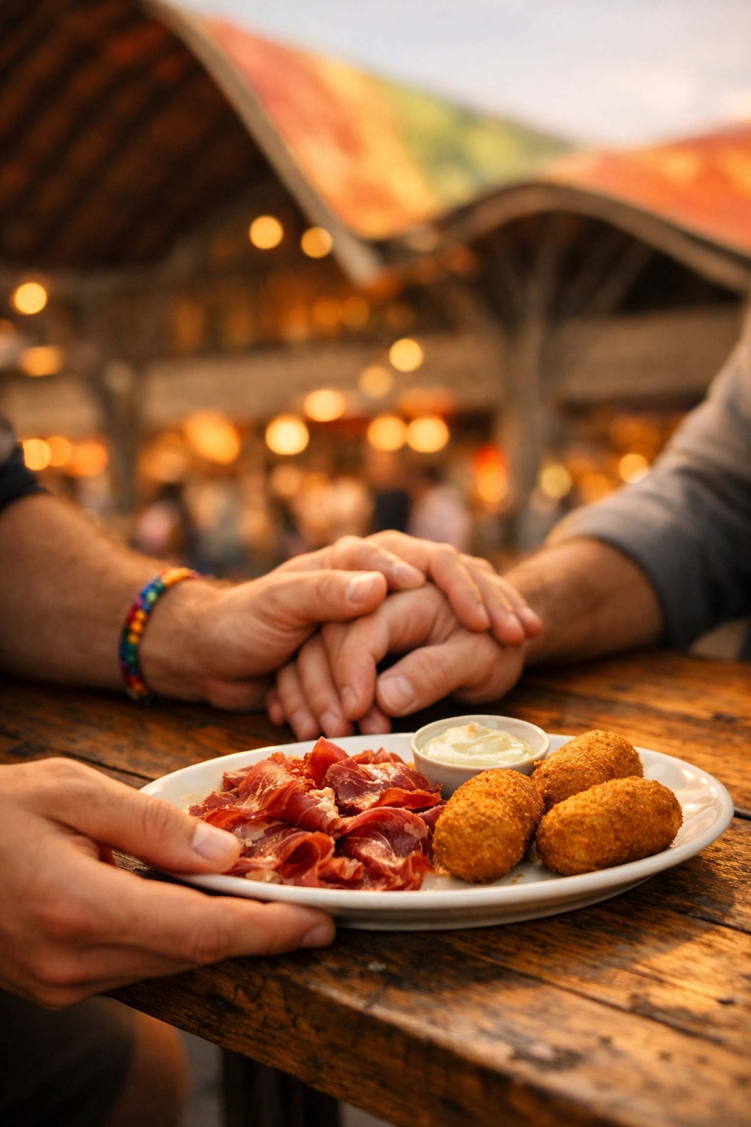 Gay couple enjoying a romantic travel romance moment with tapas at a sun-drenched Barcelona market.