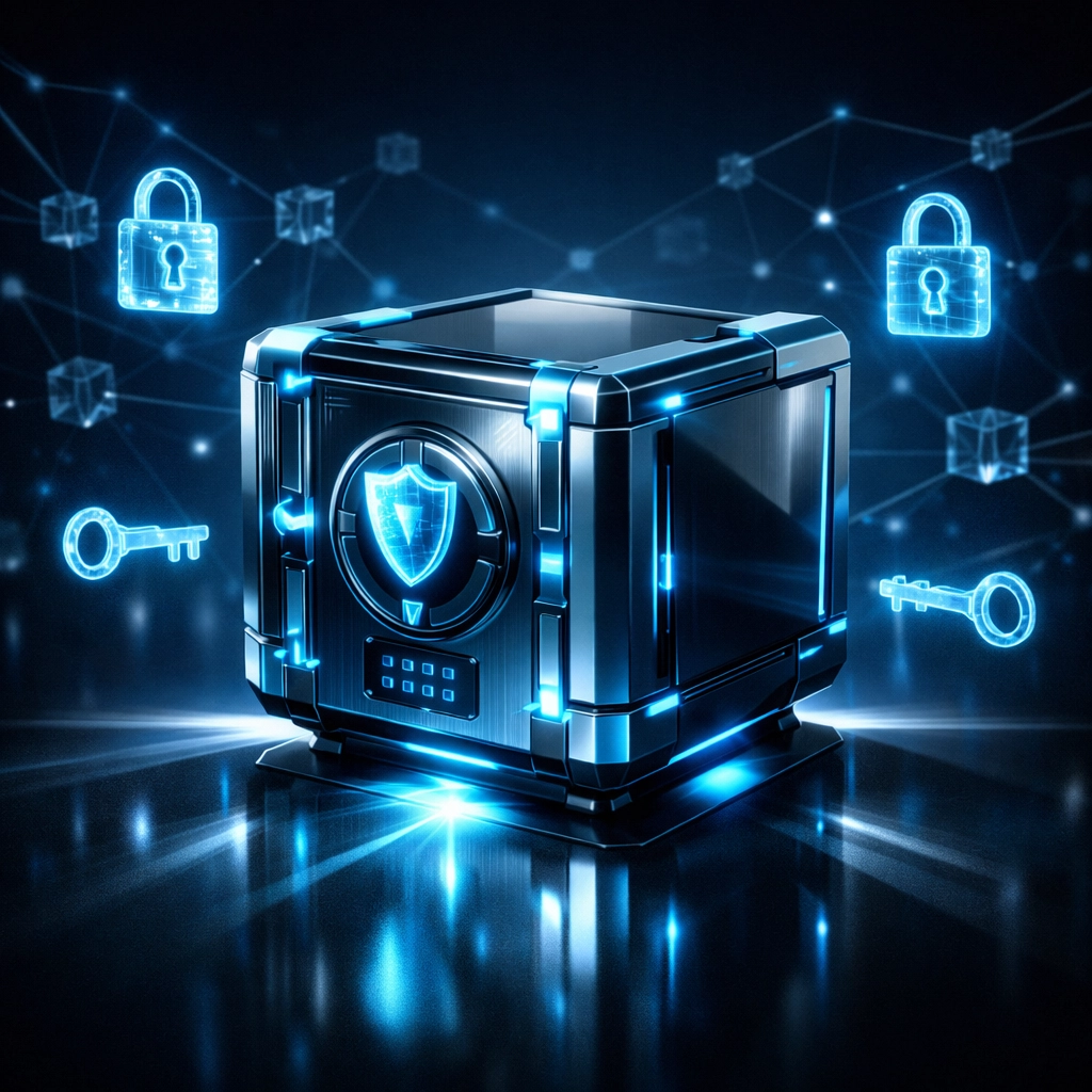 Self-custody digital vault with blockchain security protecting Larecoin merchant funds
