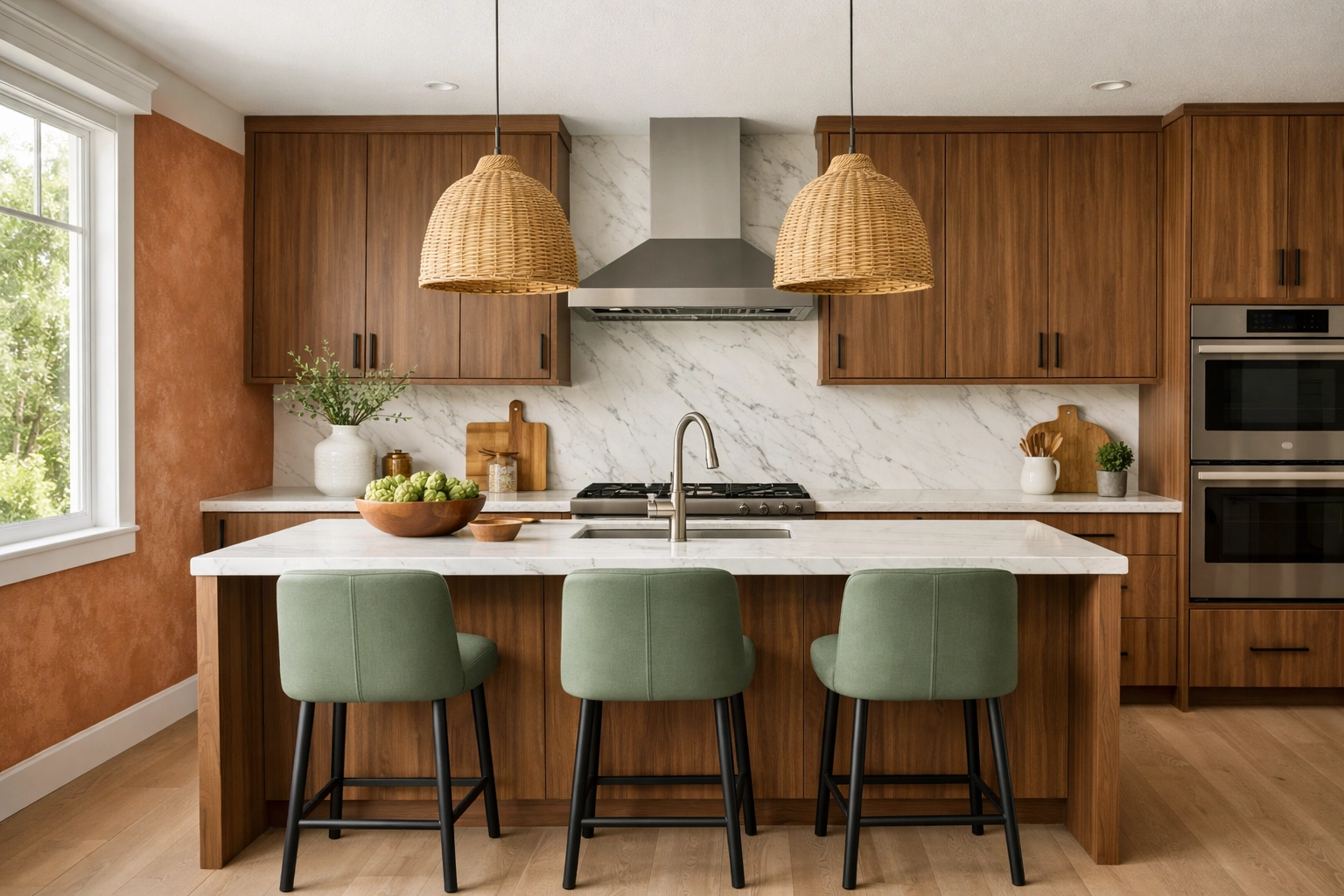 Orlando kitchen renovation with natural wood cabinets, marble backsplash, and earthy terracotta tones
