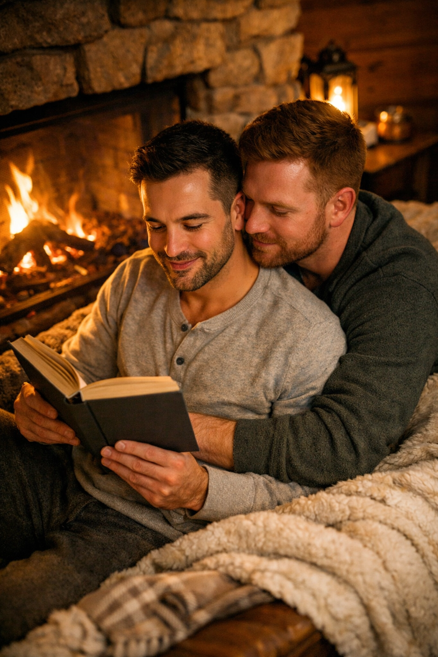 Two men reading MM romance books together by fireplace in cozy winter cabin