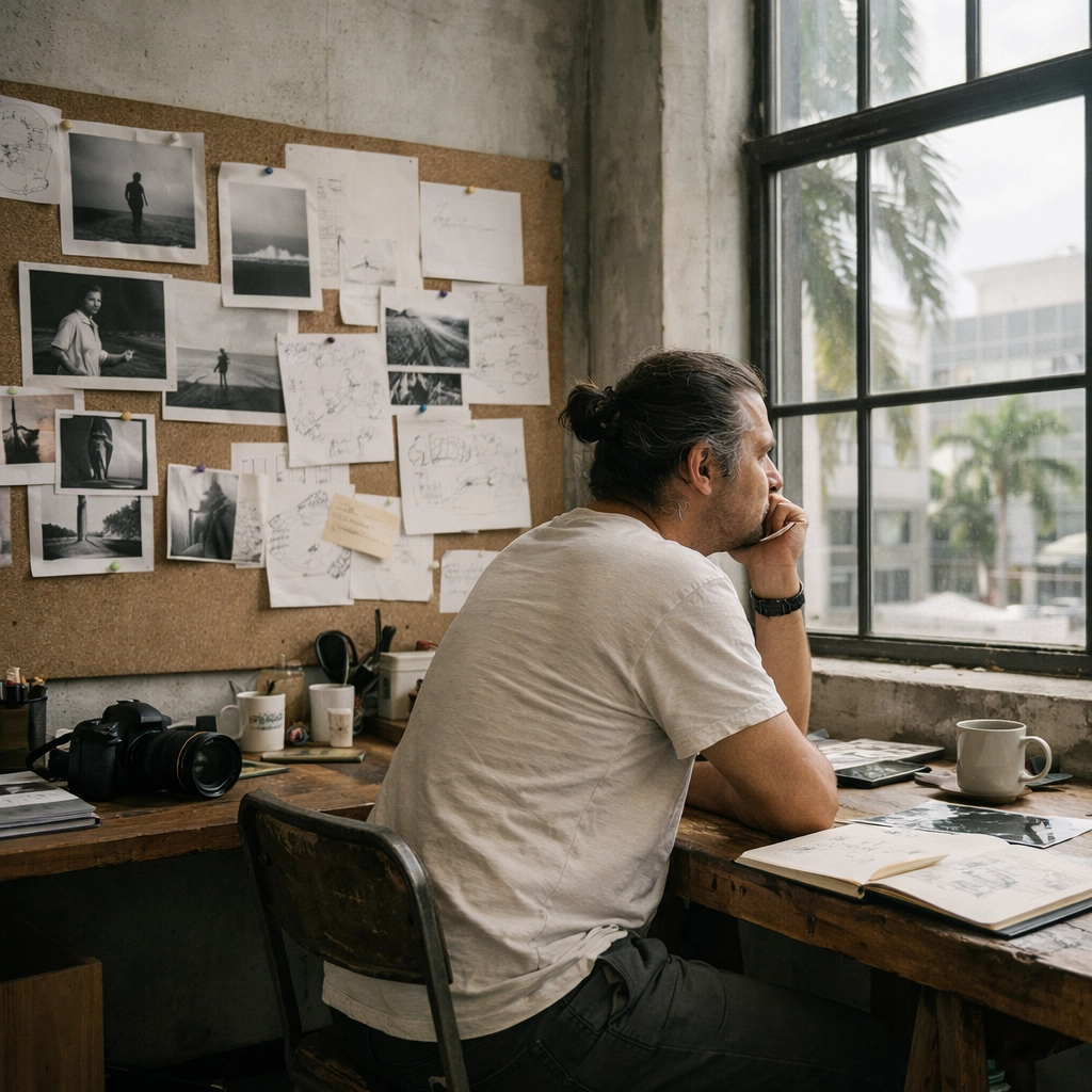 Artist planning a fine art photography concept at a desk in a Miami studio.