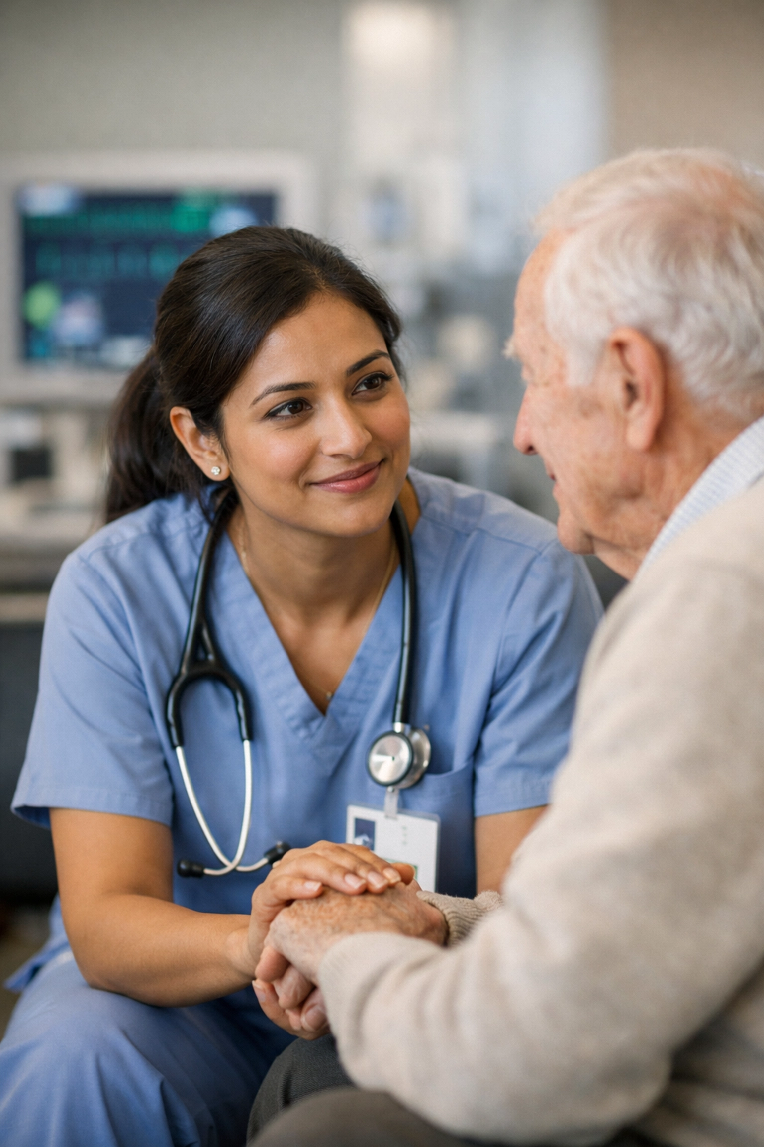 Compassionate nurse providing empathetic care and human presence to a patient in a modern healthcare setting.