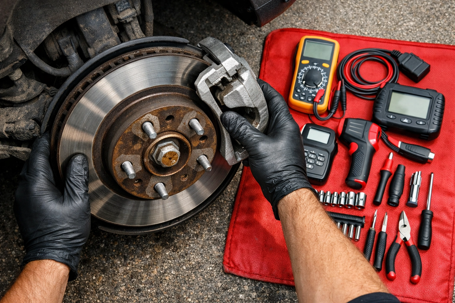 Mechanic inspecting brake rotor and caliper during mobile auto service