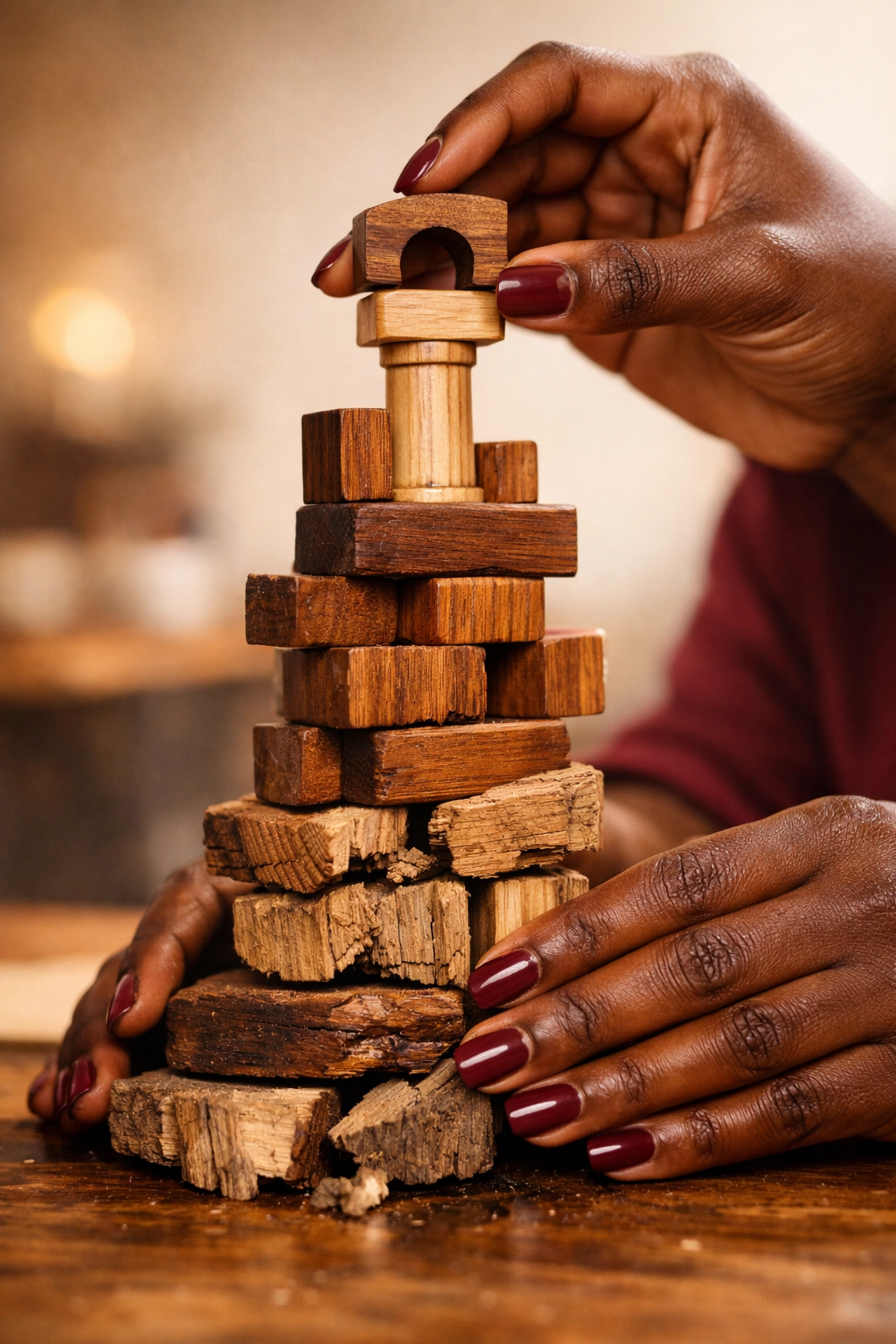 Black woman's hands transforming broken blocks into strong structures symbolizing resilience in entrepreneurship