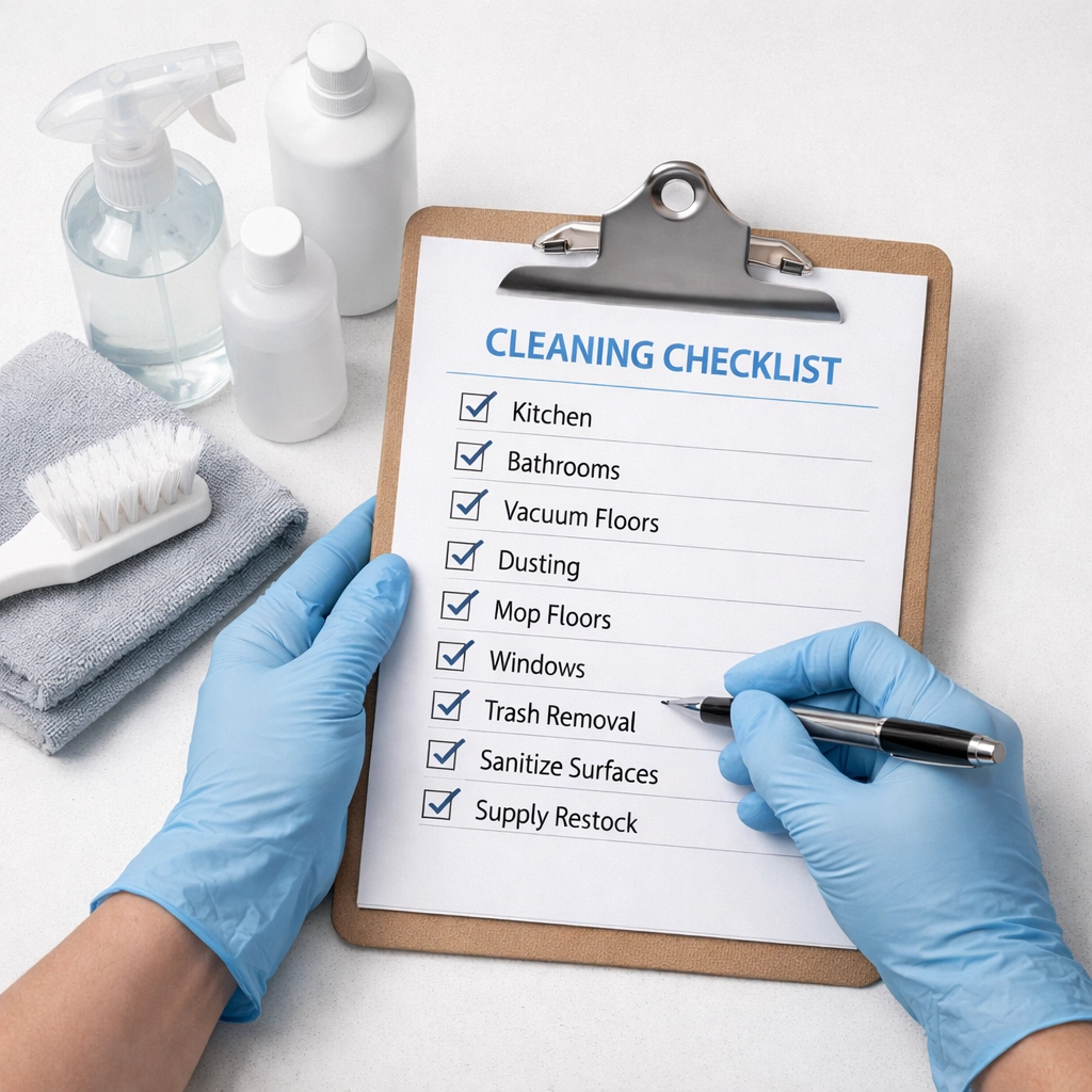 Make-ready cleaning checklist on clipboard for apartment turnover quality control