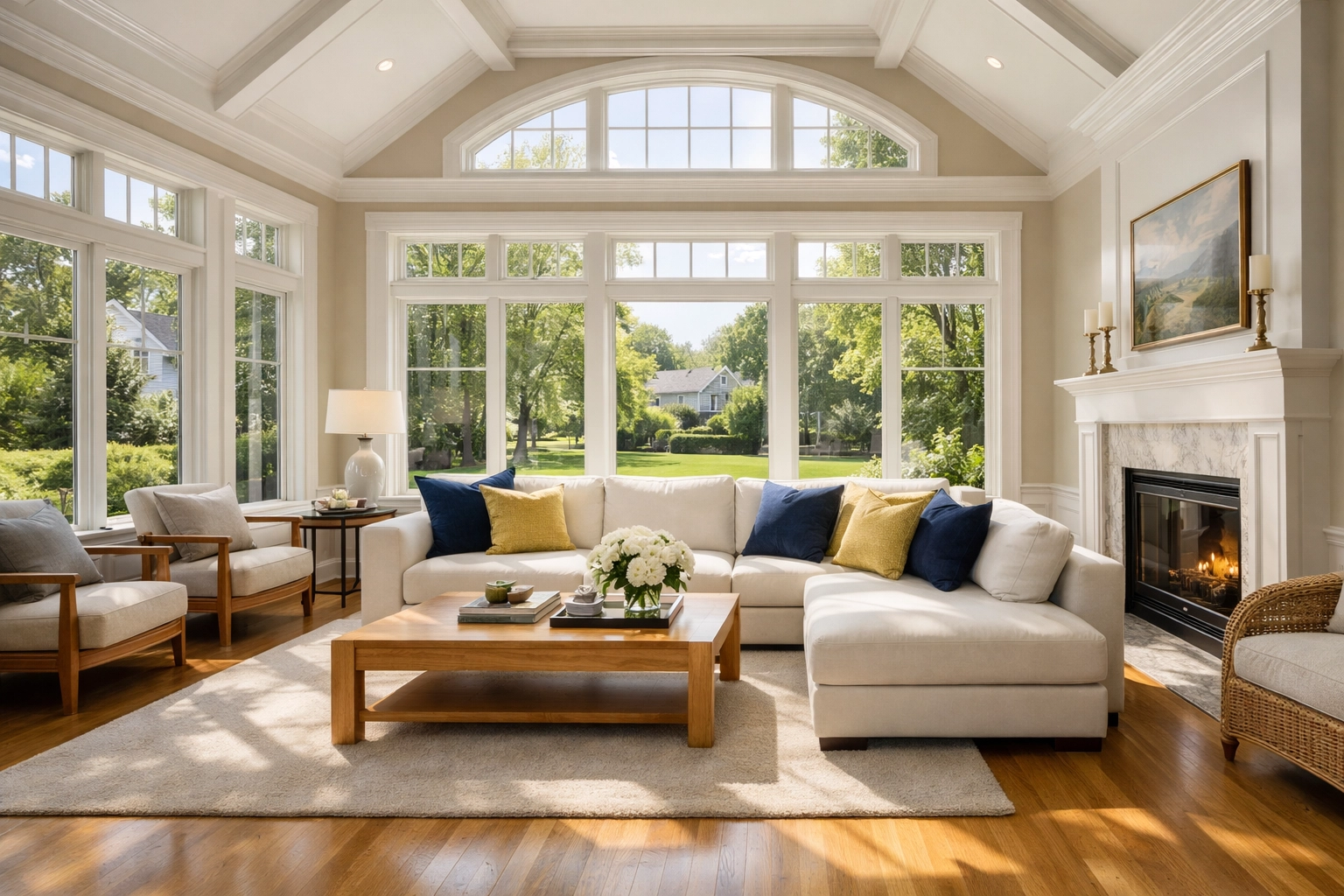 Bright, immaculate living room in a Massachusetts home after weekly house cleaning in Reading.