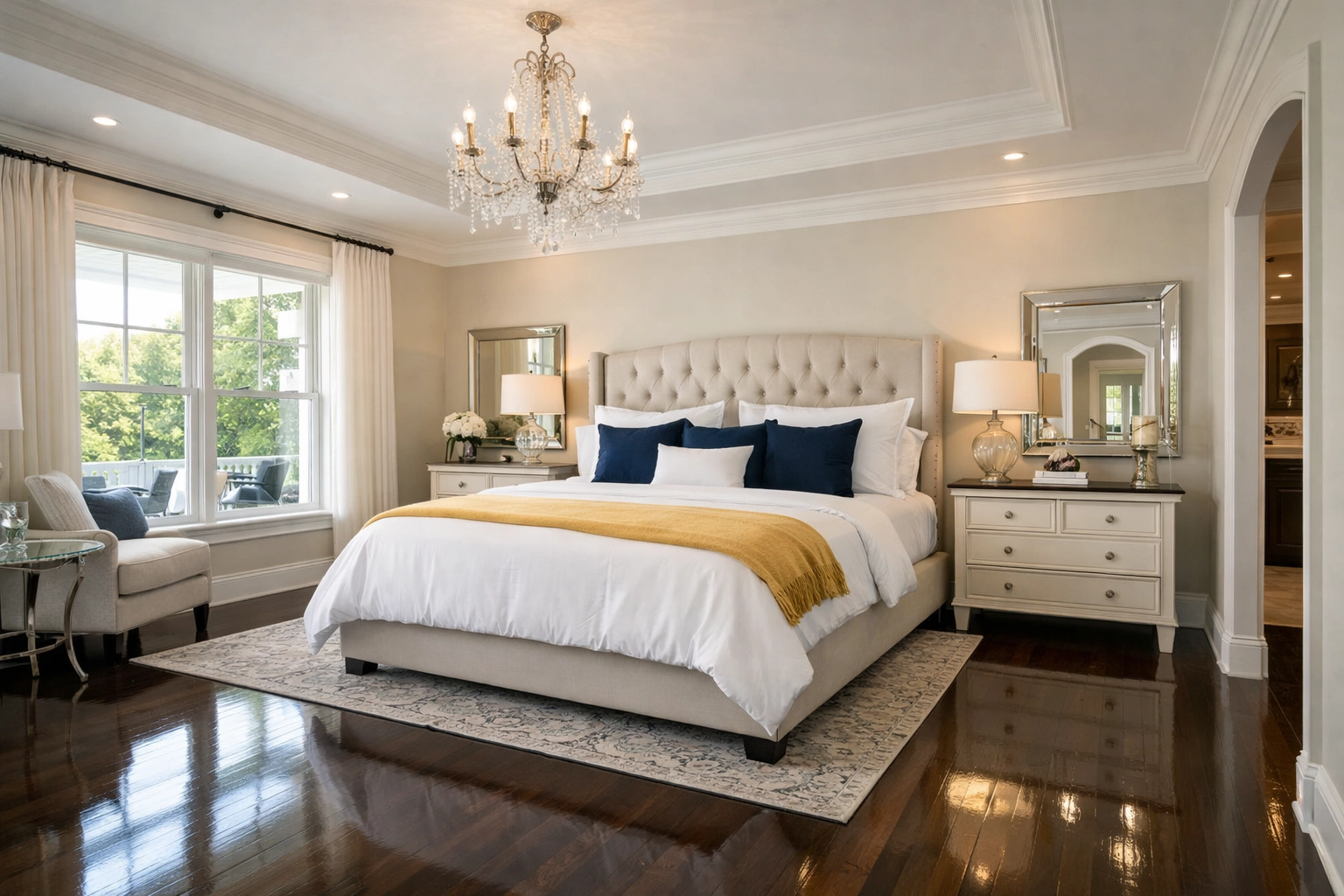 Immaculate master bedroom with polished floors following a high-end deep cleaning in Westborough service.