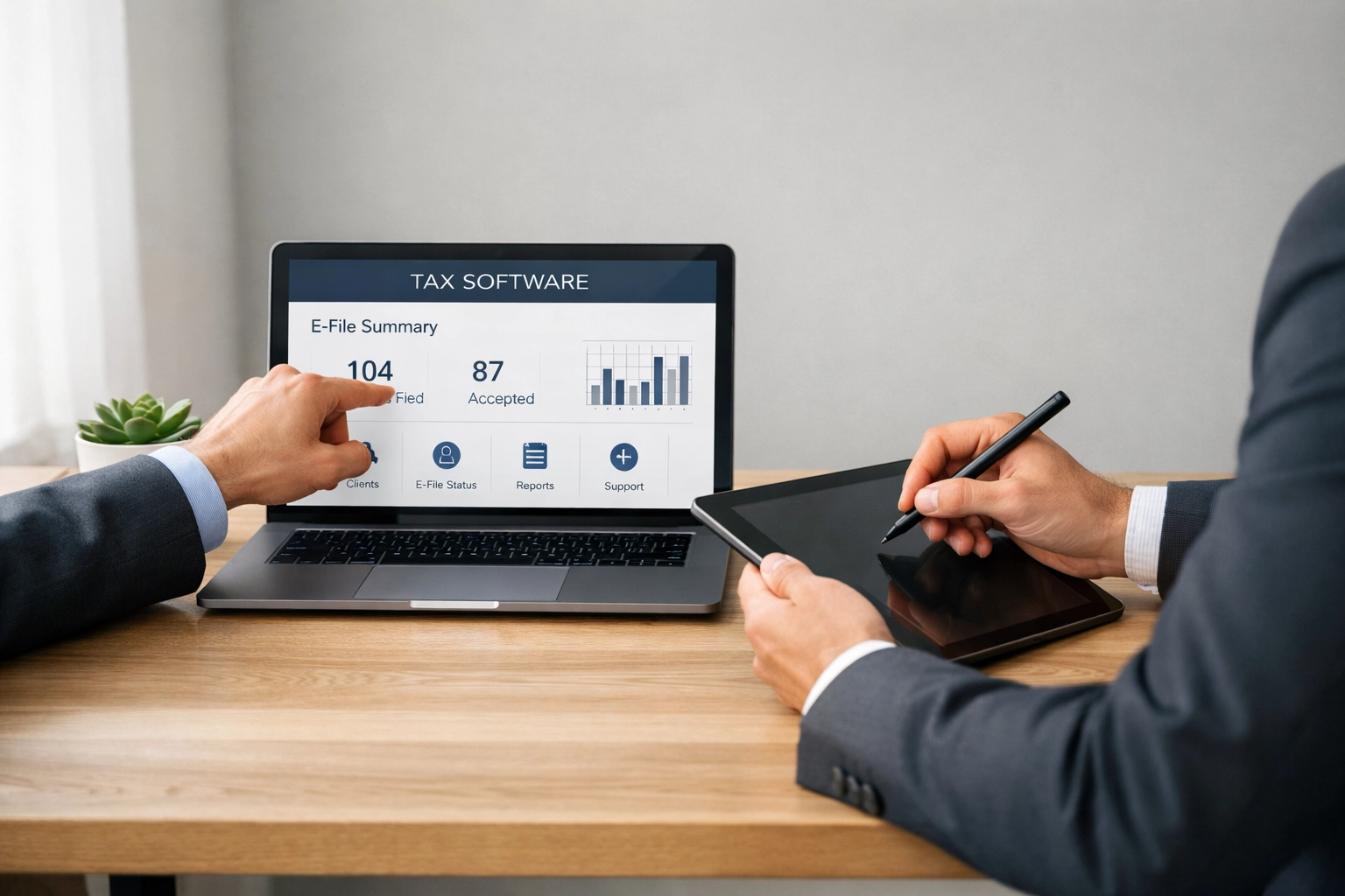 Tax professionals collaborating on ERO service bureau infrastructure in a modern office.