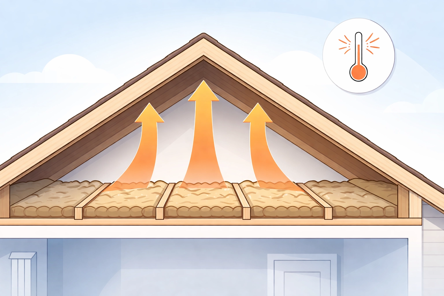 Cross-section of a loft with thin, compressed insulation showing heat escaping from an uninsulated Leeds home