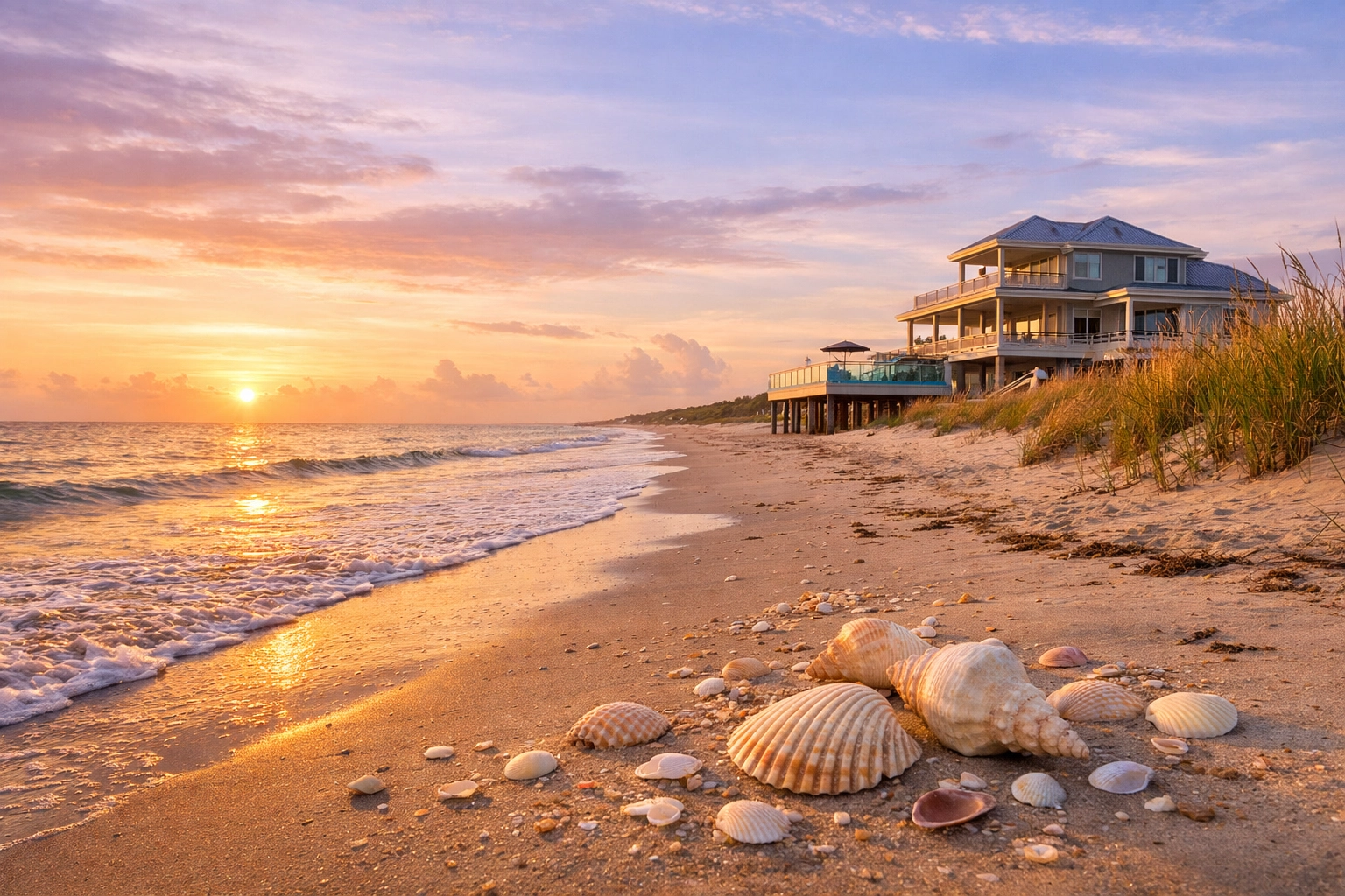 Bolivar Peninsula pristine beach with luxury property and pool deck at sunrise