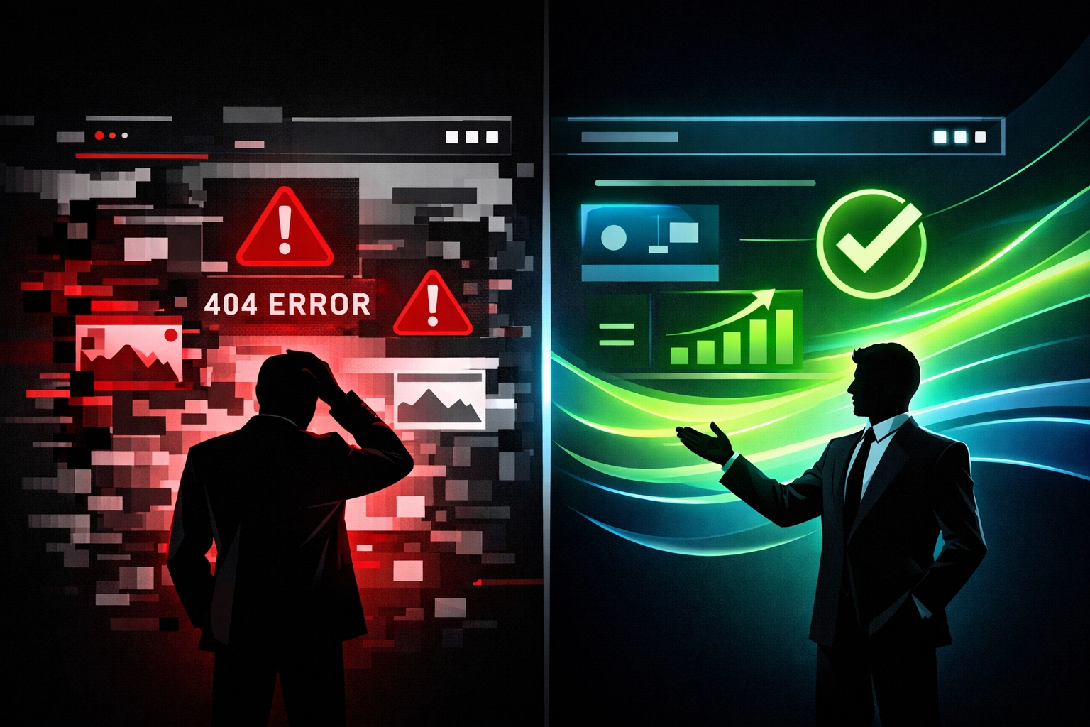 Before and after comparison showing website transformation from broken to optimized digital platform