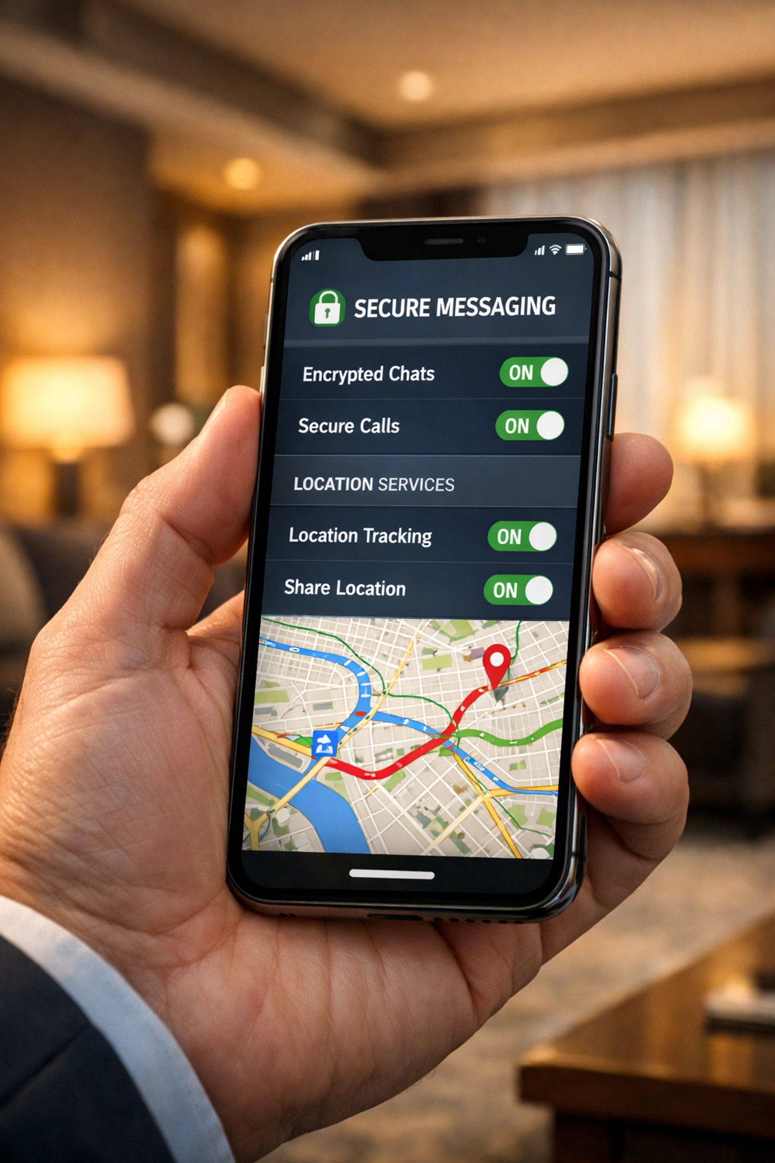 Businessman using encrypted security app with location tracking on smartphone