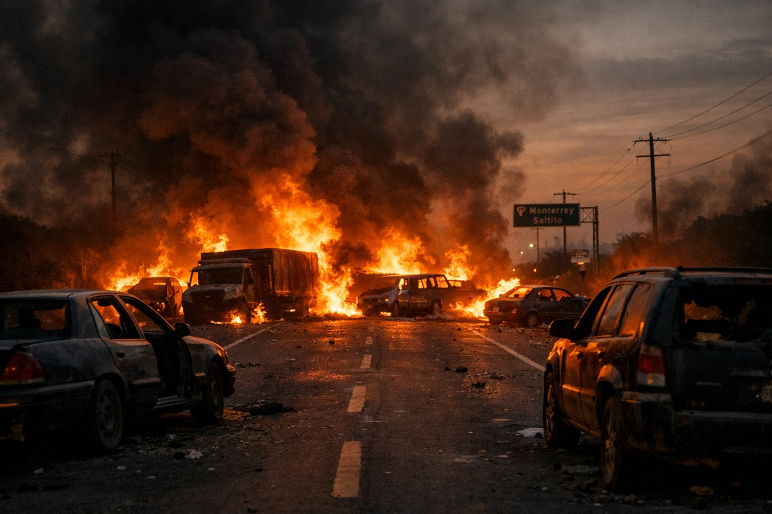 Burning vehicles block Mexican highway following cartel violence and retaliatory attacks