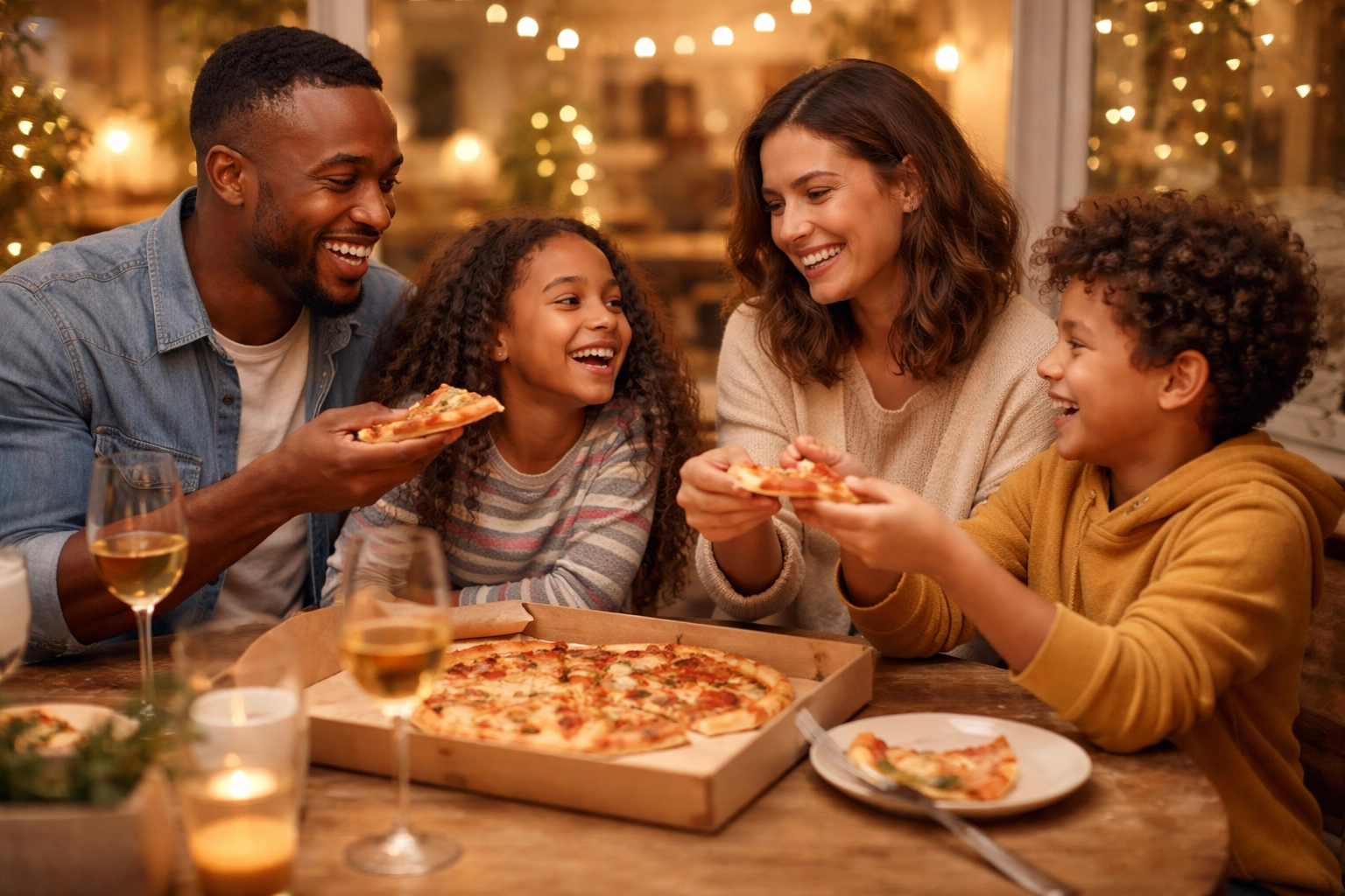 Family enjoying pizza night at a cozy cafe in Felixstowe, showcasing local takeaway and dine-in experience.