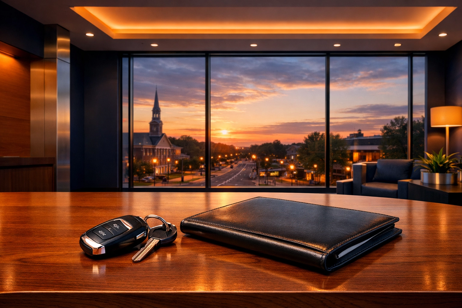 Modern West Hartford office with car keys, symbolizing professional asset protection and business insurance in CT.