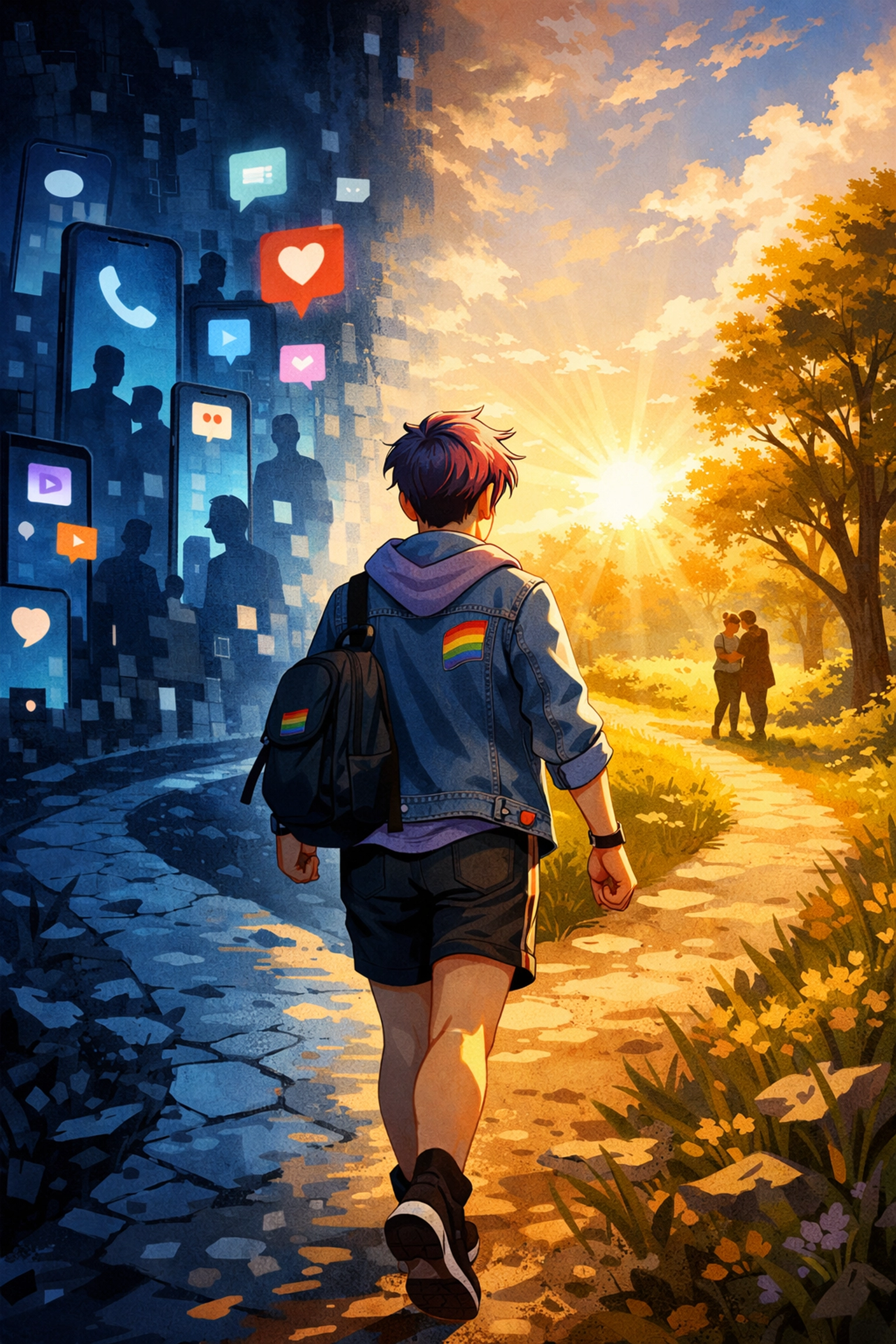 LGBTQ+ person choosing real life over screen addiction at symbolic crossroads