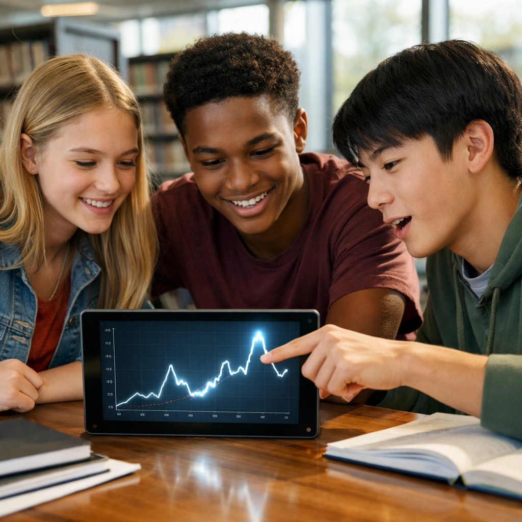 Students collaborating on SAT data analysis and developing critical study skills in a library.