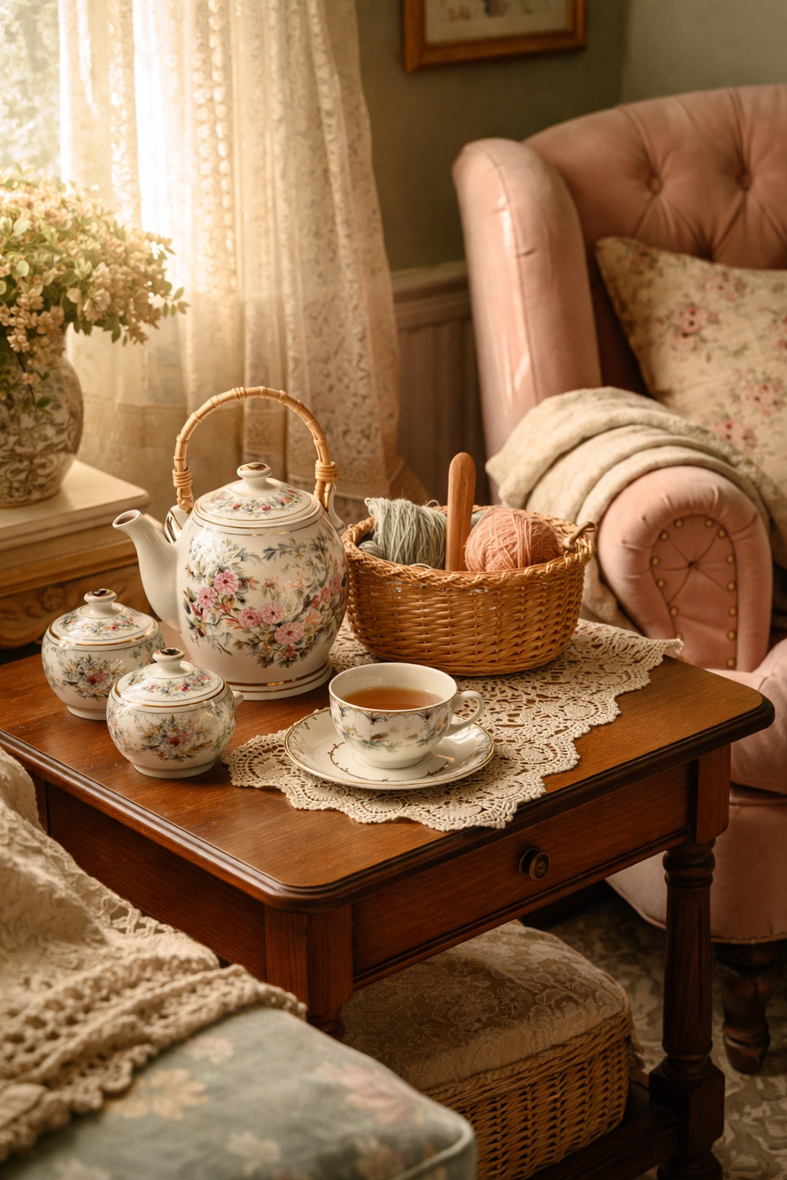 A cozy living room corner featuring handcrafted artisan ceramics, a rattan basket, and vintage-inspired furniture in a grandmillennial style setting.