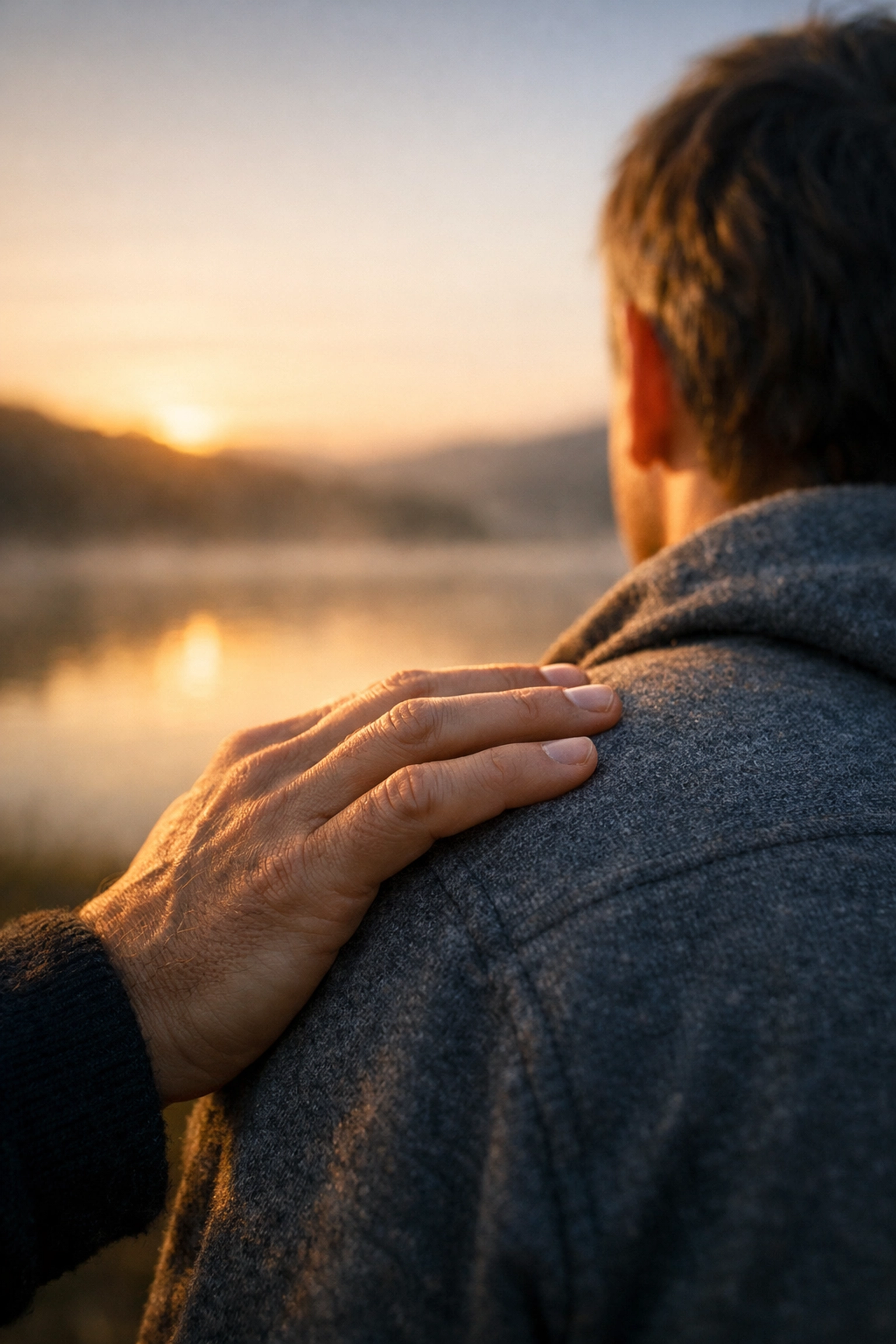 A supportive hand on a veteran's shoulder, symbolizing mental health support and collective hope.