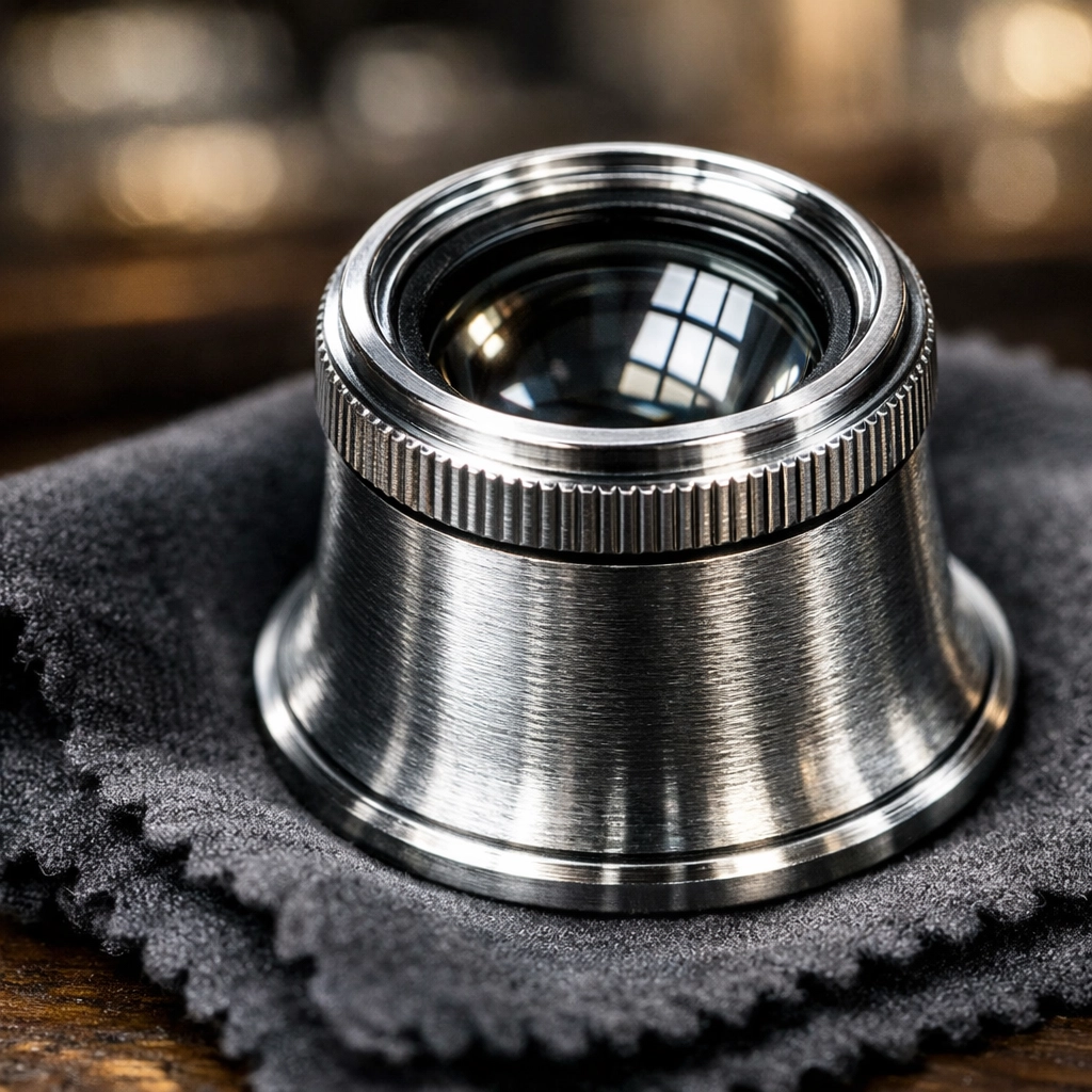 Professional watchmaker’s loupe on a cloth, used to verify the condition of a pre-owned Rolex.