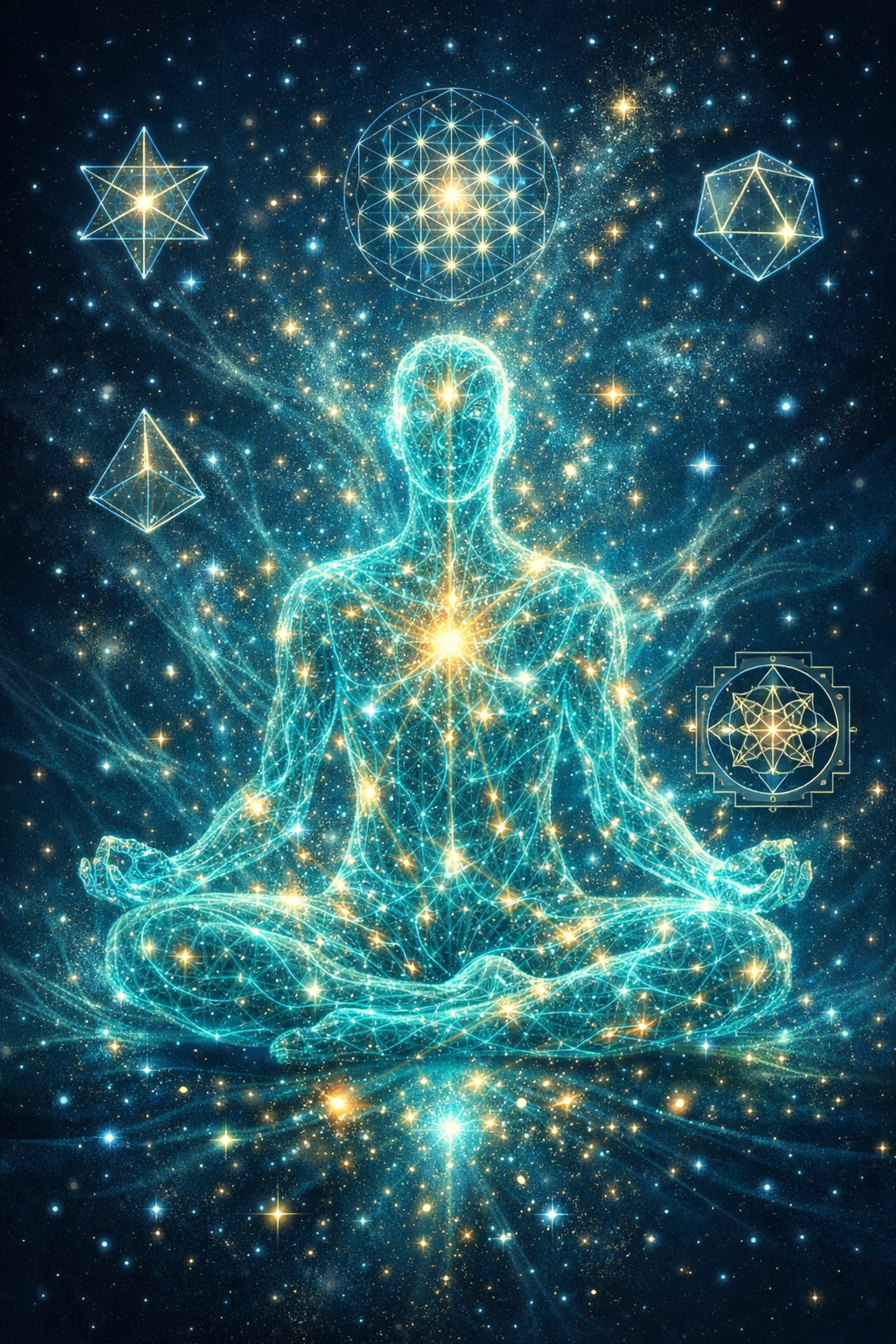 Silhouette humaine énergétique symbolisant la bioélectronique et la physique quantique appliquée à la santé.