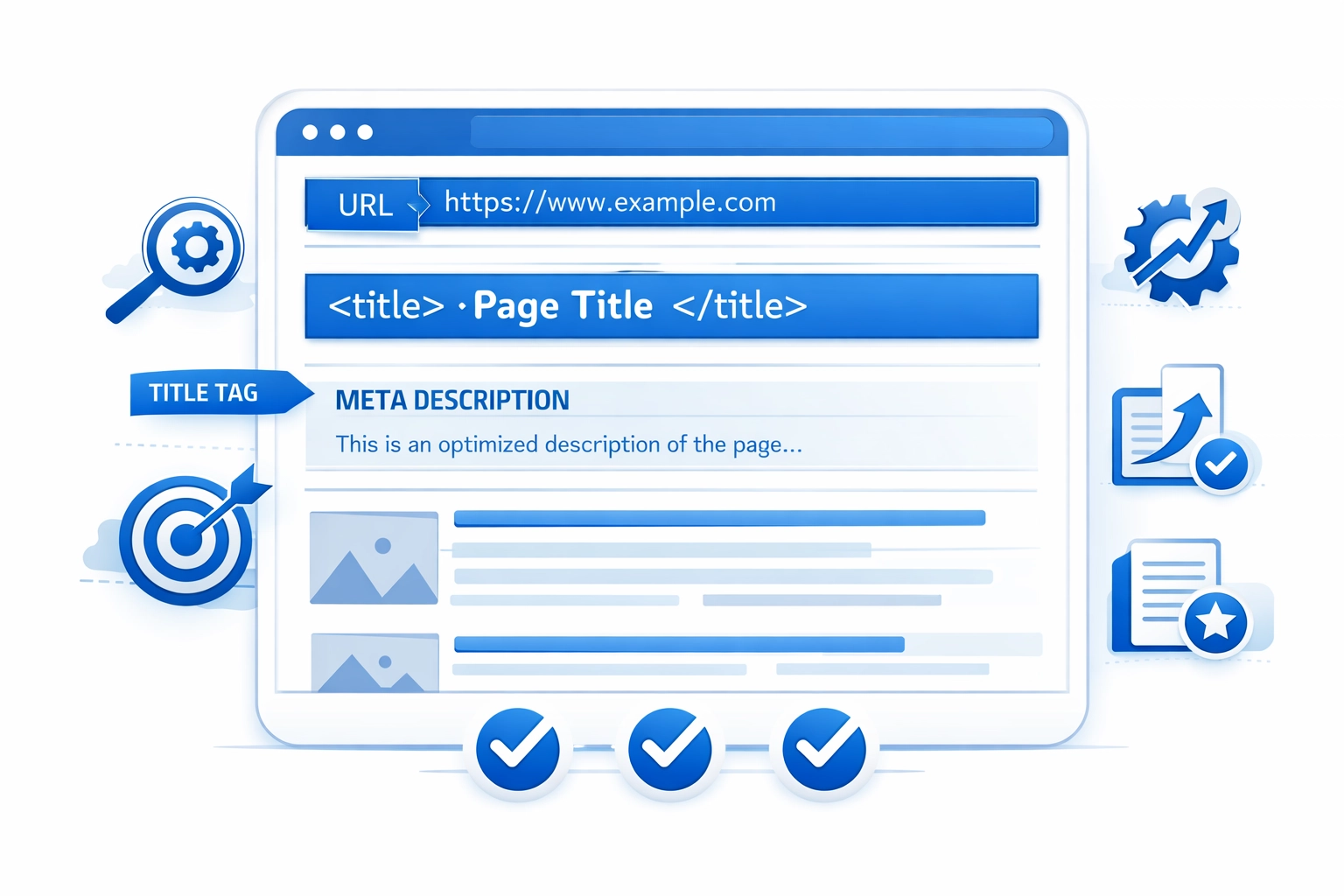 Website page optimization checklist with on-page SEO elements like title tags and meta descriptions