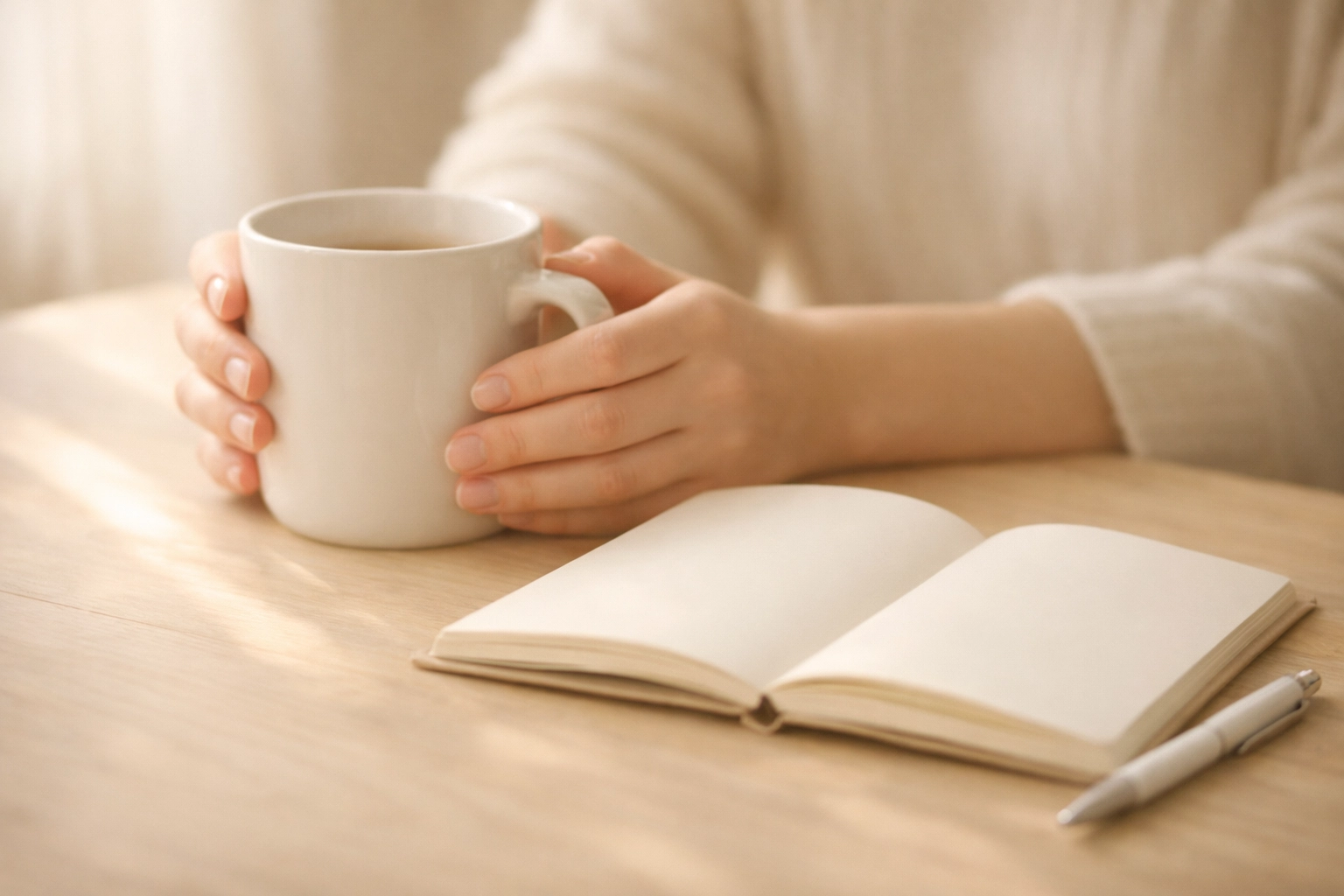 Journal and pen on table representing clarity and focused reflection to stop overthinking