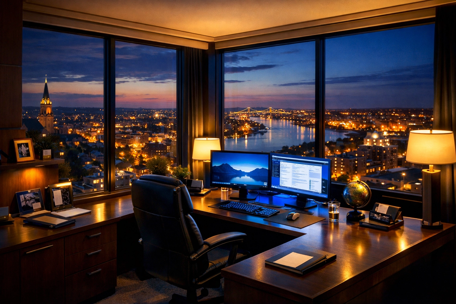 Tidy executive office in Malden overlooking the city, symbolizing business growth and efficiency.