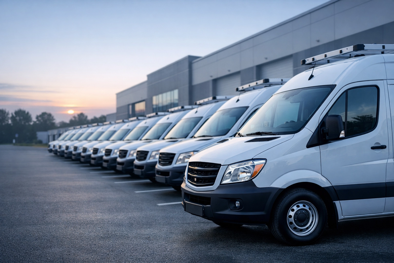A fleet of white service trucks representing a scalable home service business in North Carolina.