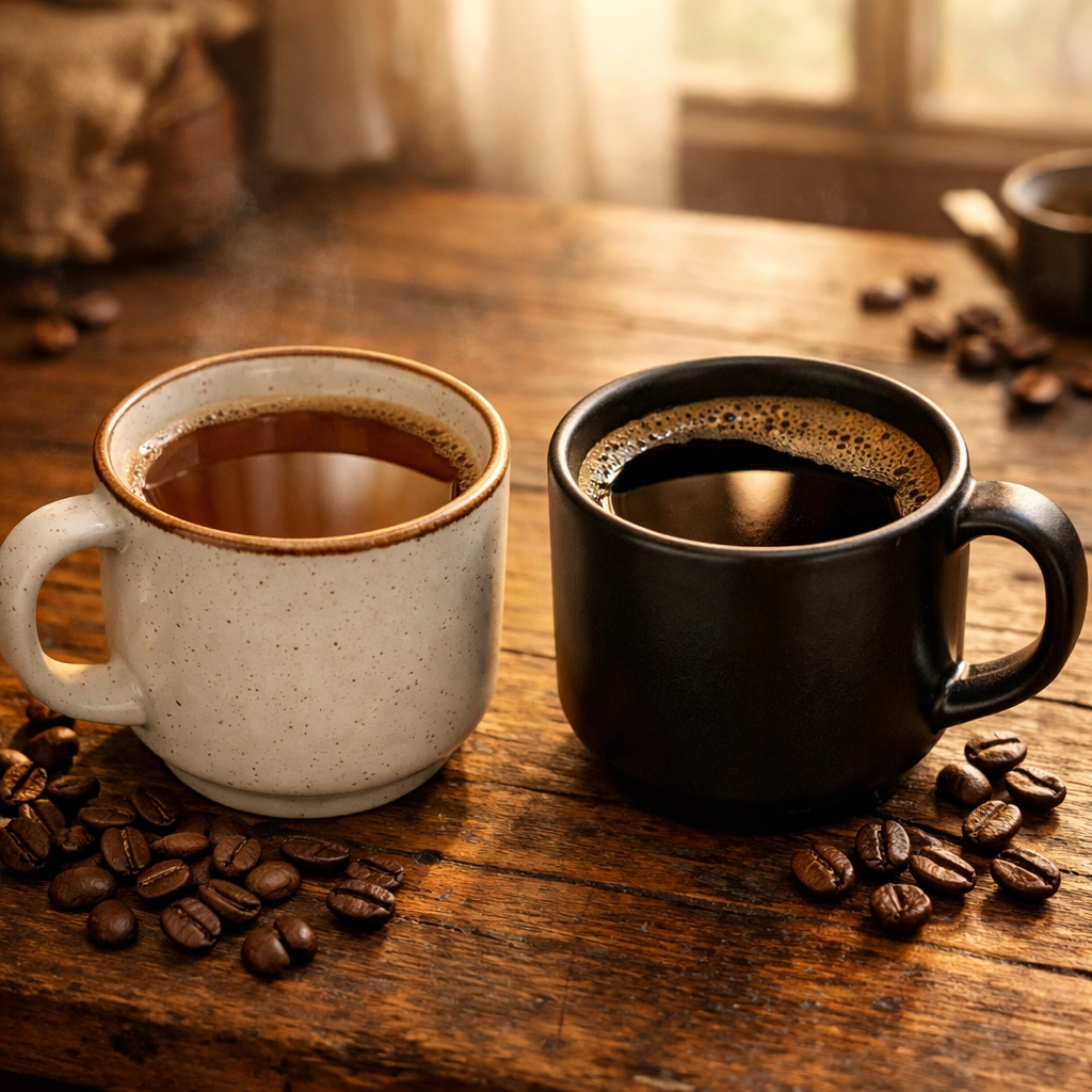 Two cups comparing AeroPress and Moka Pot coffee showing different brew clarity