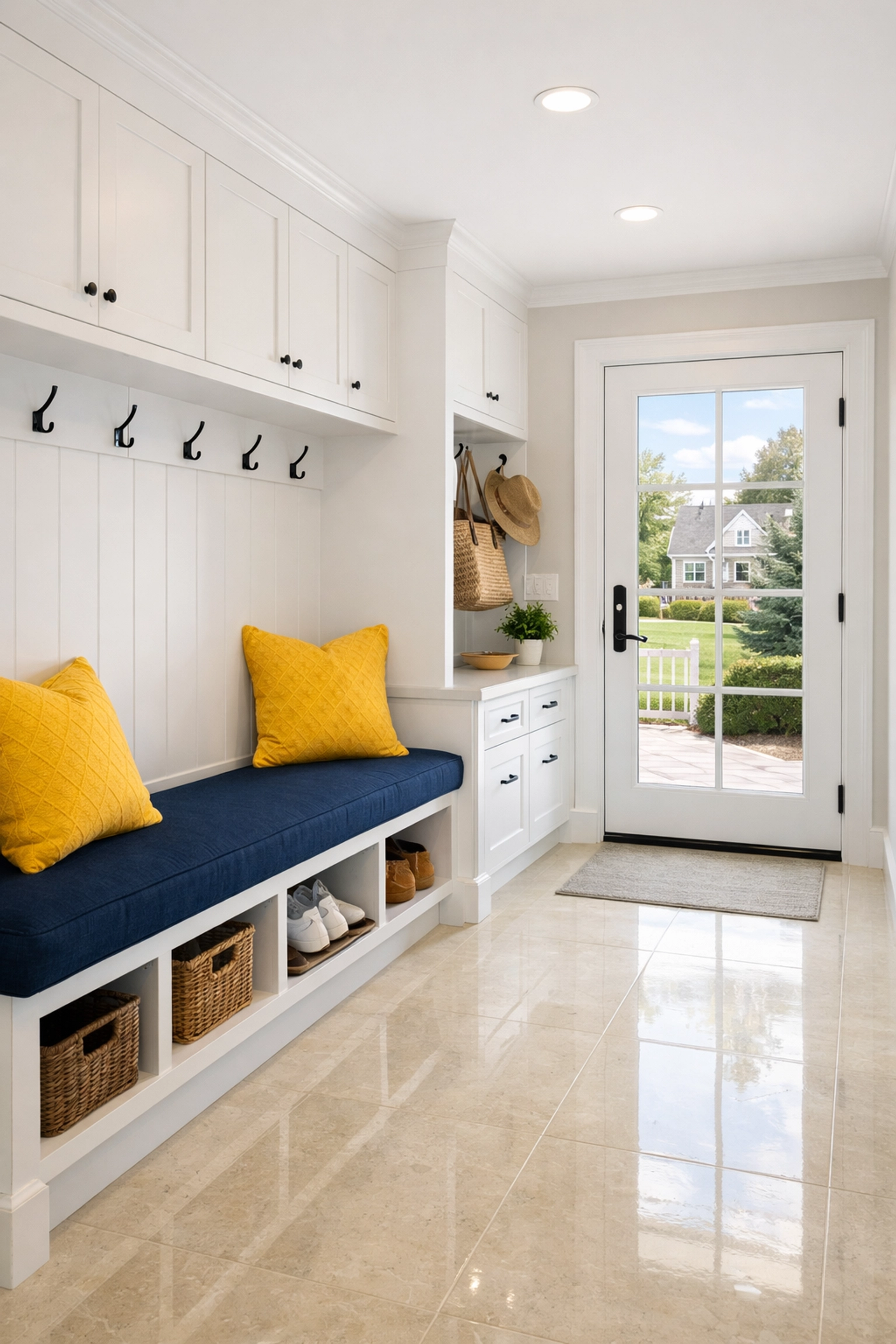 Pristine white mudroom in a Wellesley home maintained by local cleaning services near me in Massachusetts.