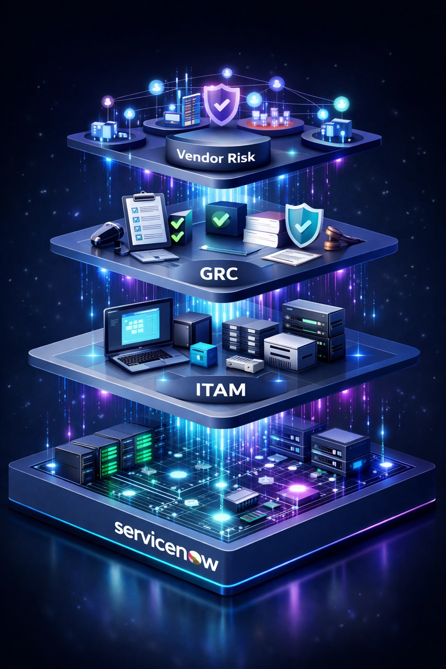 Integrated ServiceNow platform showing ITOM, ITAM, GRC, and Vendor Risk Management modules for DORA