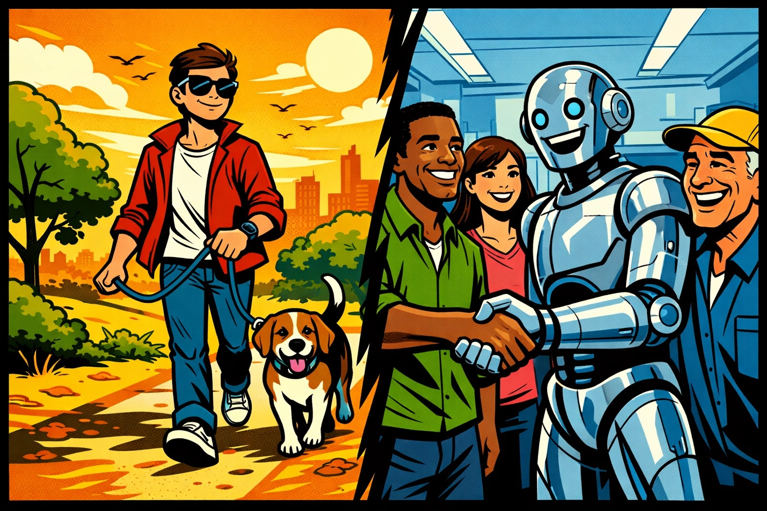 A robot handles client meetings via AI business automation while the owner walks their dog.