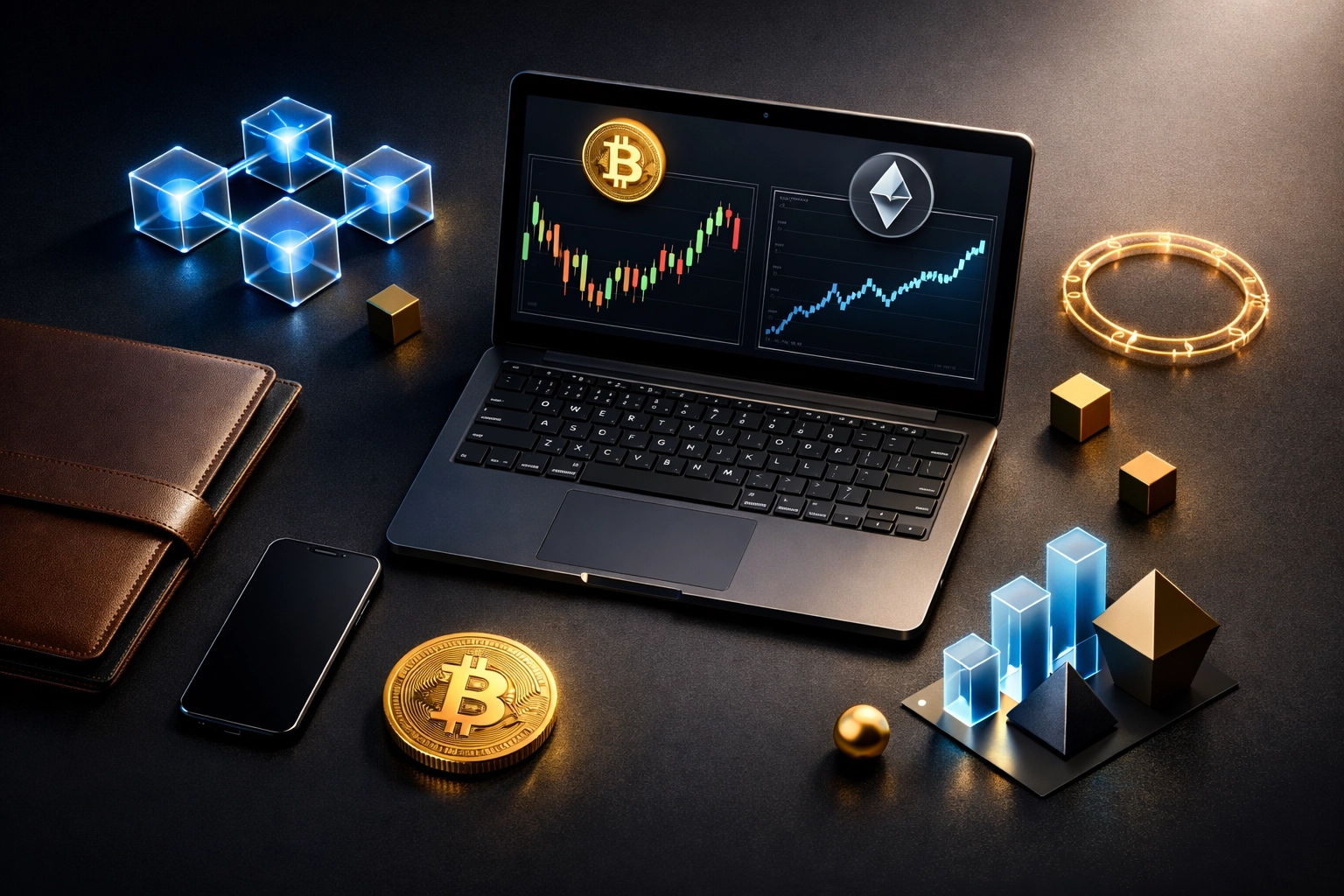 Bitcoin and cryptocurrency investment portfolio displayed on laptop with digital asset charts