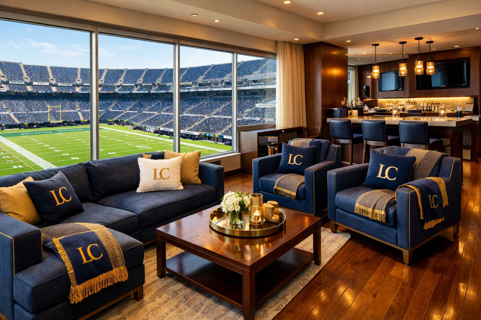 Luxury Super Bowl suite with branded furniture and premium hospitality setup