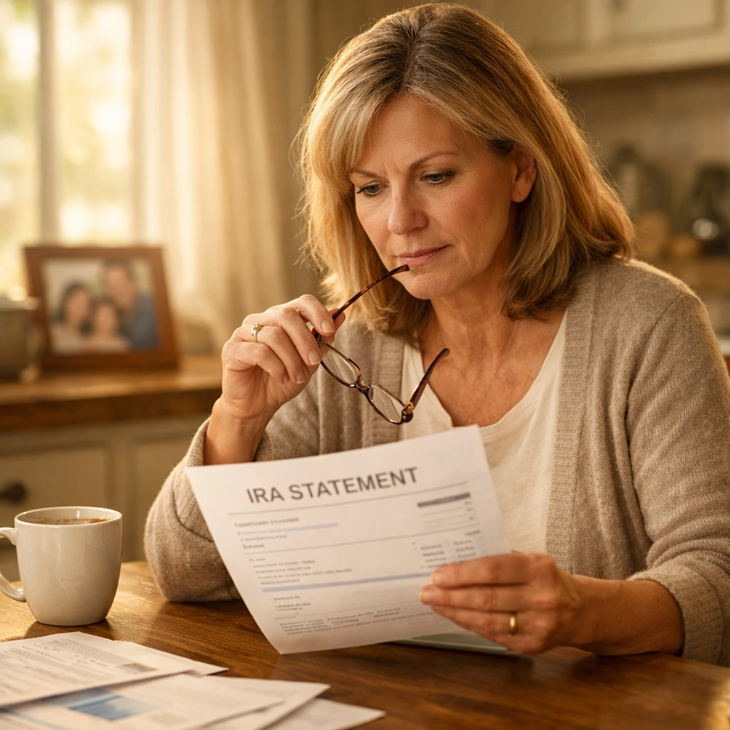 Woman reviewing inherited IRA account documents and statements at home