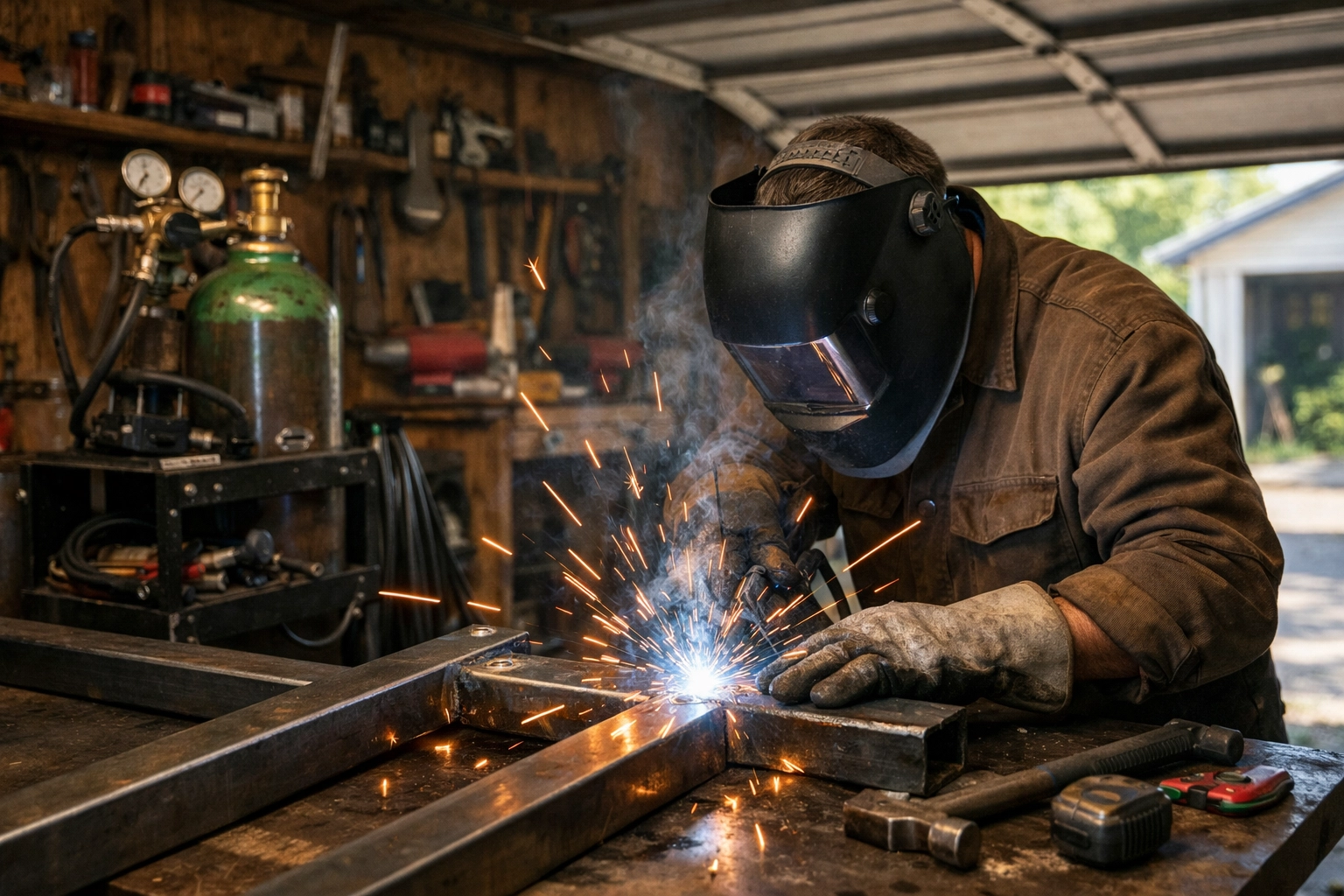 DIY enthusiast welding steel in a home garage workshop with a CO2 gas cylinder.
