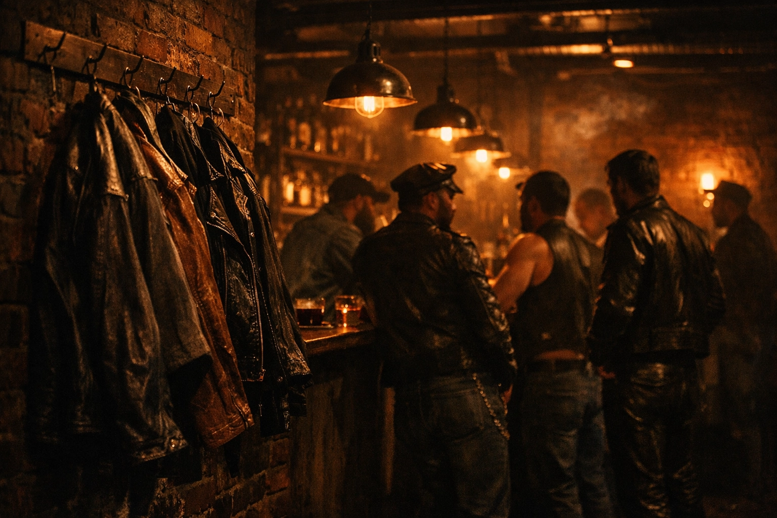 Interior of 1970s Eagle gay leather bar in NYC with men in leather and denim gathering