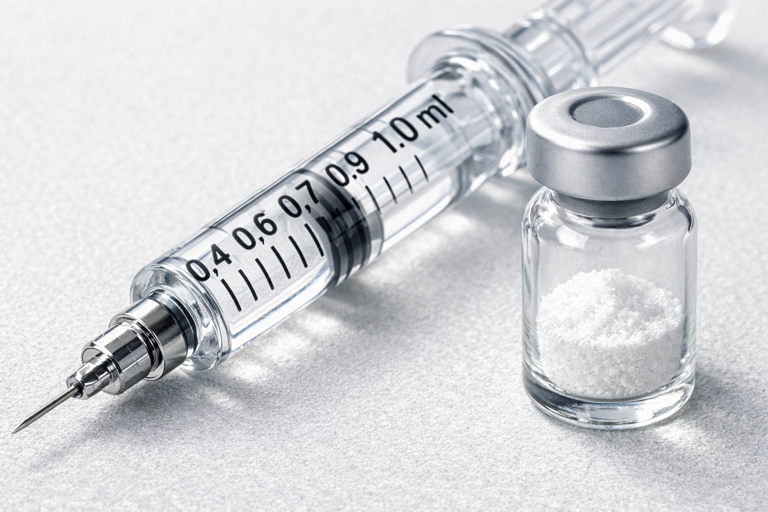 Insulin syringe and glass vial containing lyophilized peptide powder for precise research dosing.