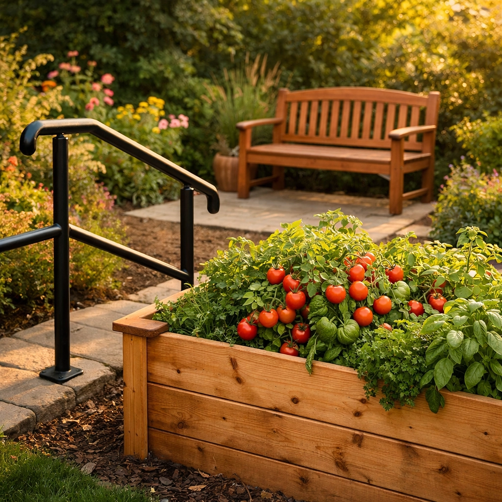 Raised garden bed with a sturdy handrail and a garden bench for a safe and accessible outdoor space.