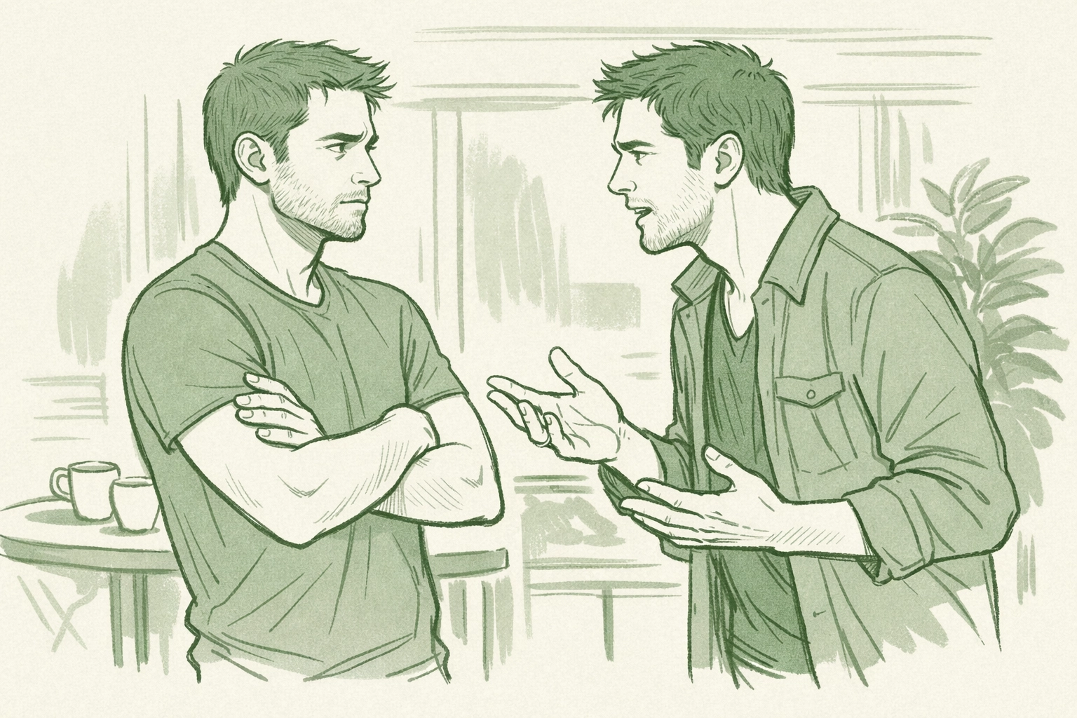 Two men in tense confrontation discussing betrayal and seeking closure in MM romance story