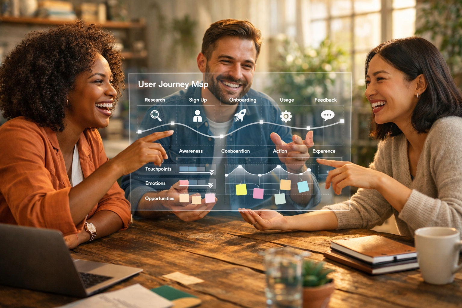 Tech professionals collaborating on human-centric design using a holographic user interface.