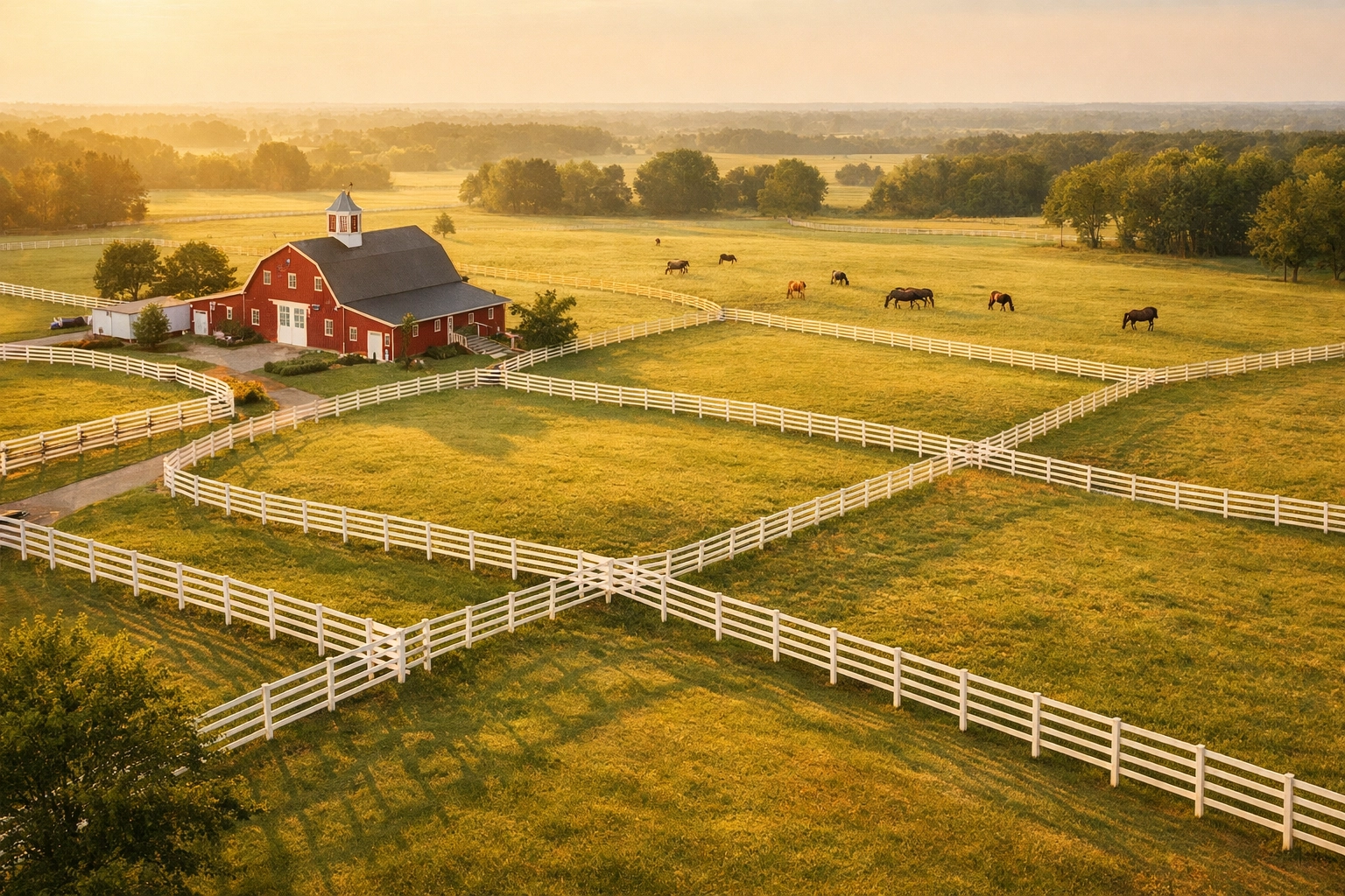 Aerial view of horse farm in Charlotte Metro with white fencing and grazing horses