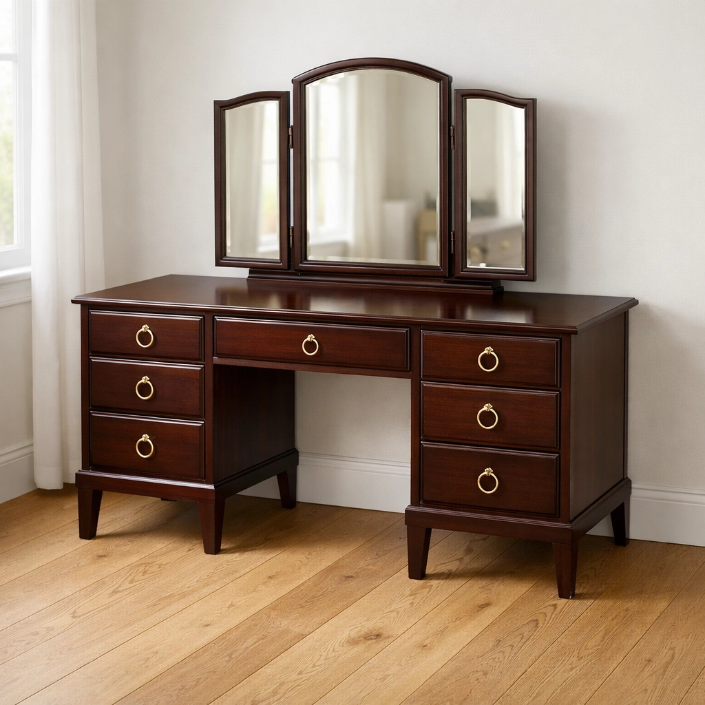 Original vintage Stag Minstrel dressing table in a bright, minimalist room before upcycling.